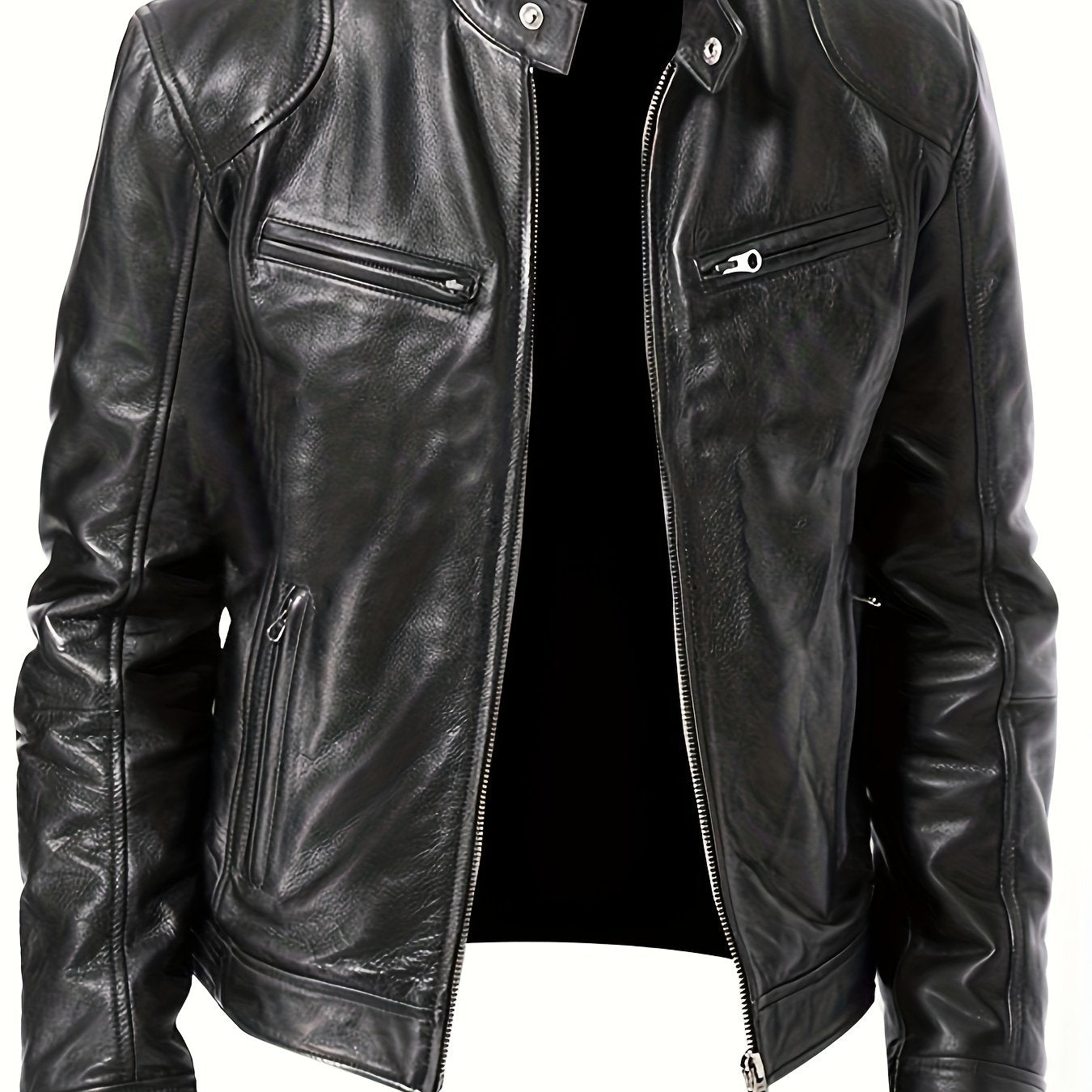 gbolsos Chic PU Jacket, Men's Casual Solid Color Zip Up Stand Collar Faux Leather Jacket For Spring Fall