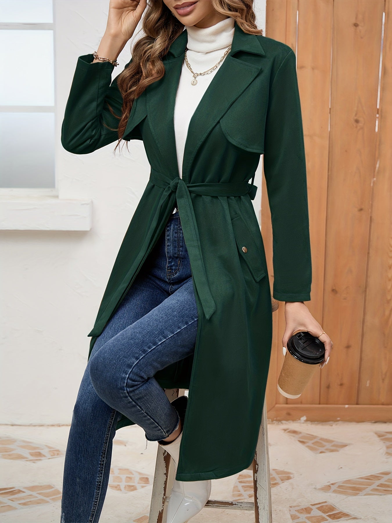 Comfy Belted Trench Coat, Elegant Lapel Neck Long Sleeve Coat, Women's Clothing