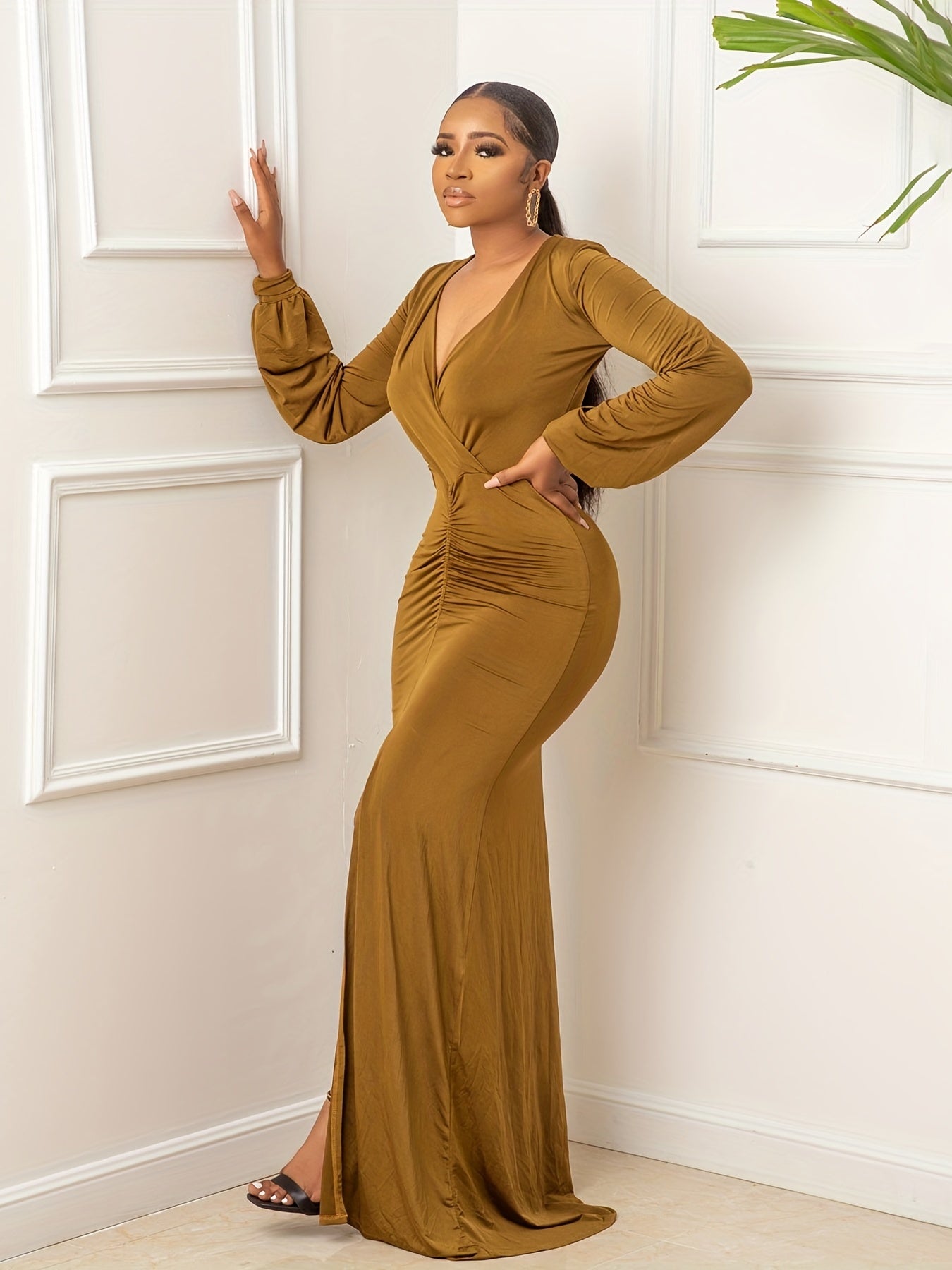 gbolsos Solid Surplice Neck Pleated Slit Dress, Casual Long Sleeve Dress For Spring & Fall, Women's Clothing