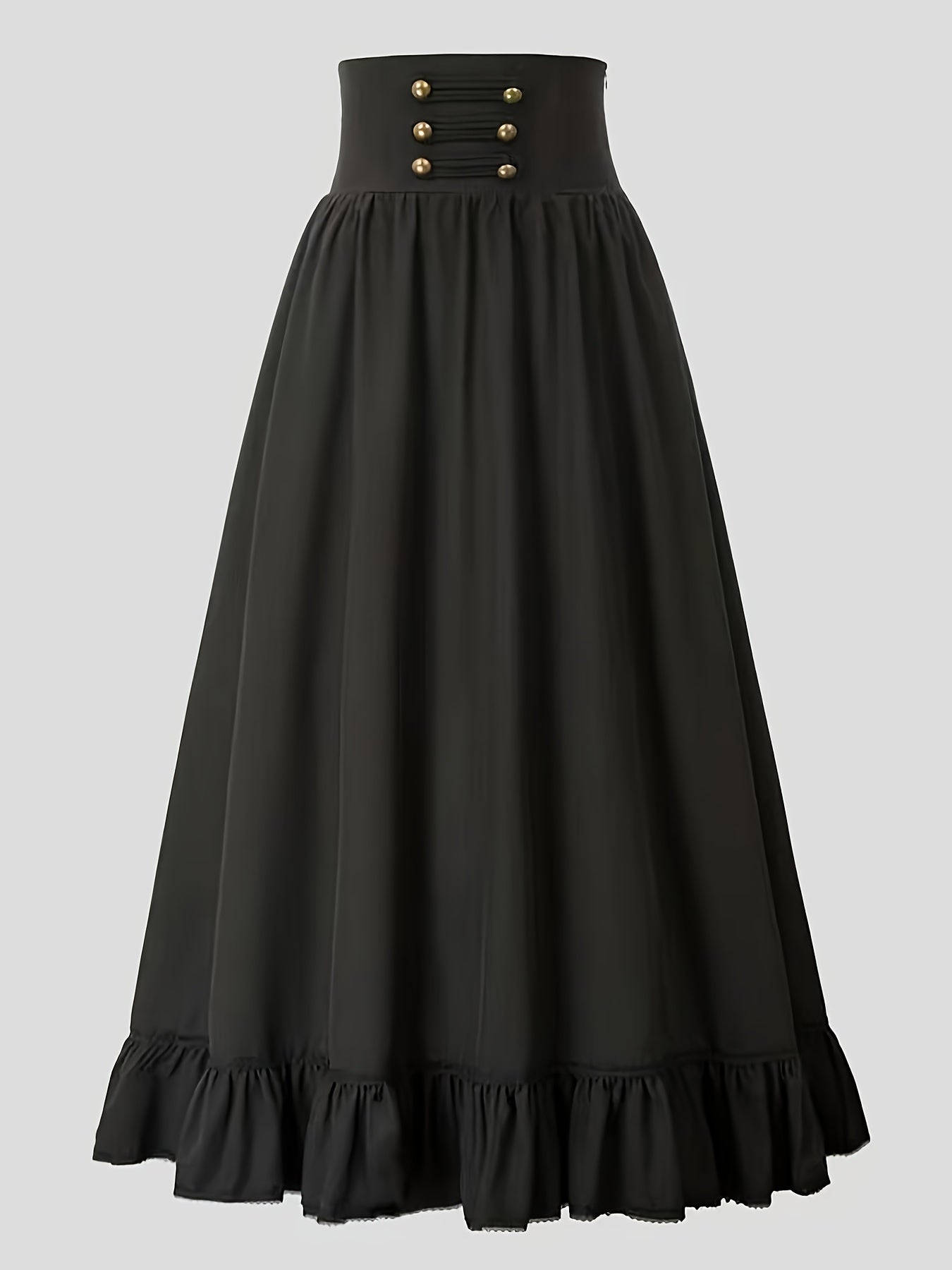 gbolsos Solid High Waist Button Decor Skirt, Casual A-line Ruffle Hem Lace Up Skirt, Women's Clothing