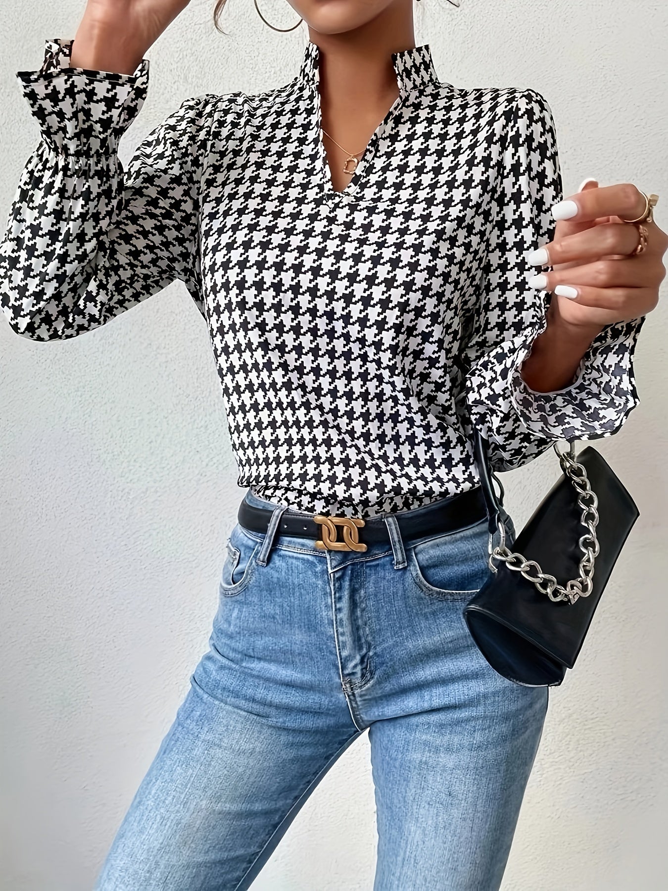 gbolsos Houndstooth Print Notch Neck Blouse, Elegant Ruffle Trim Lantern Sleeve Blouse For Spring & Fall, Women's Clothing