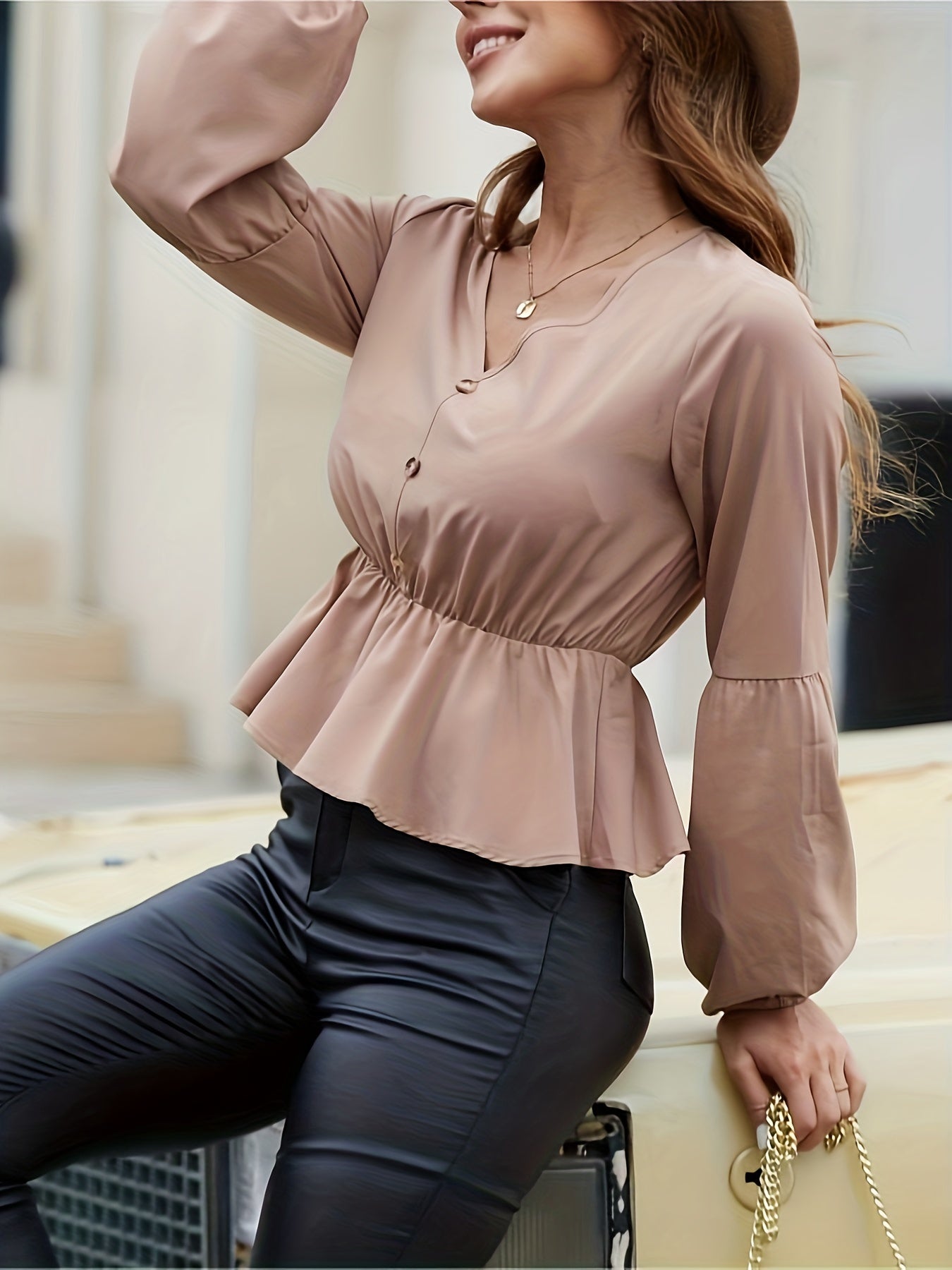 gbolsos Button Front V Neck Ruffle Hem Blouse, Casual Long Sleeve Blouse For Spring & Fall, Women's Clothing
