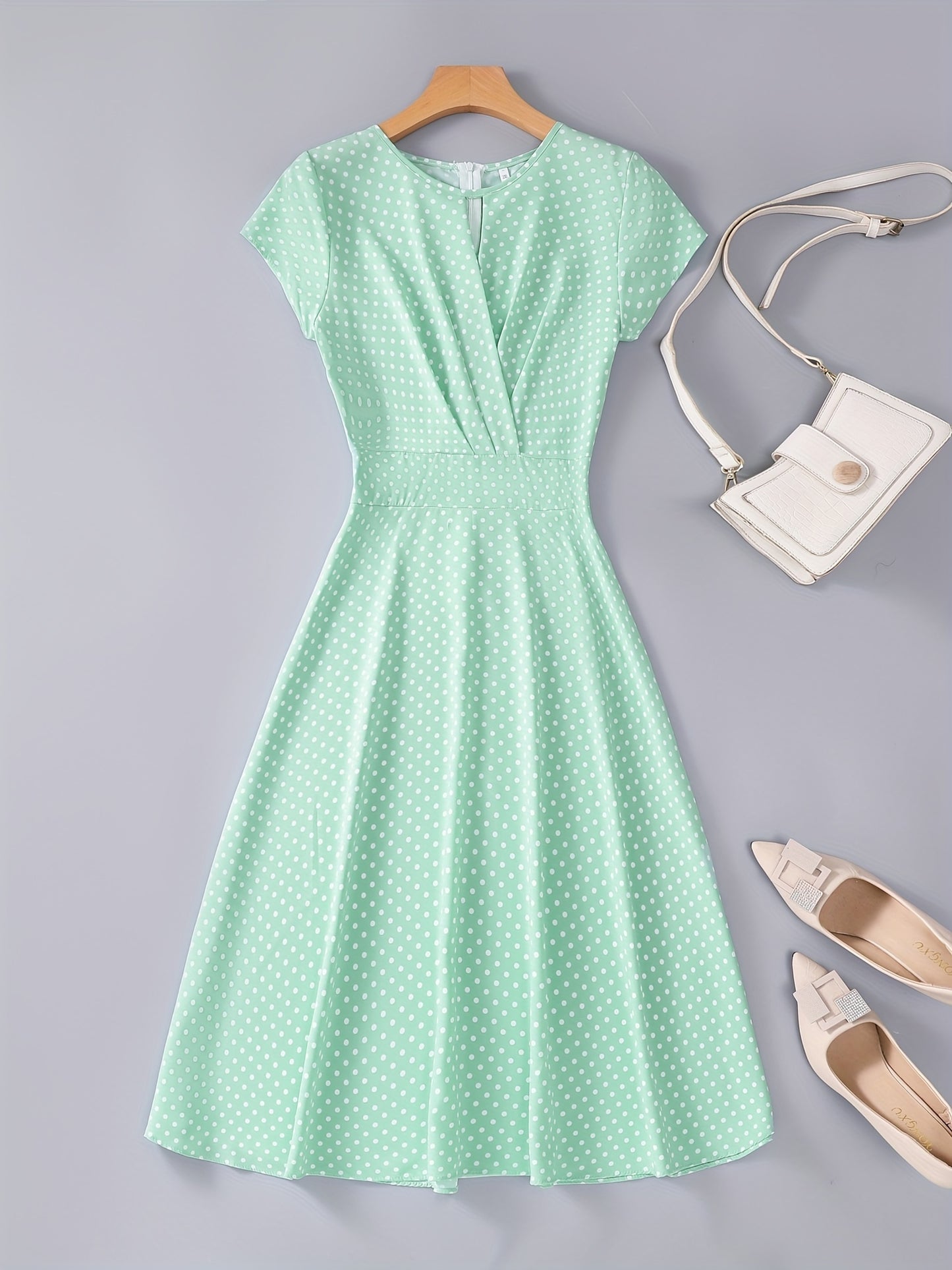 gbolsos Polka Dot Keyhole Dress, Casual Crew Neck Cap Sleeve Slim Waist Dress, Women's Clothing