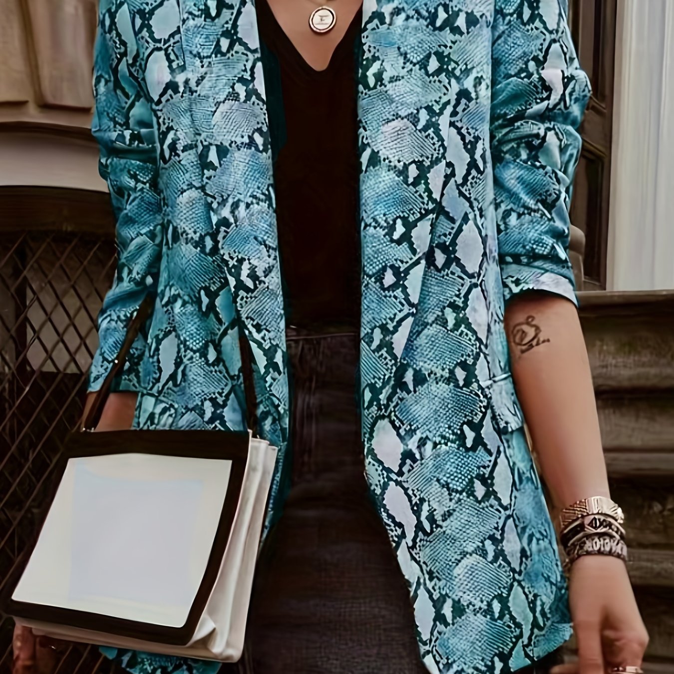 Plus Size Casual Blazer, Women's Plus Snake Pattern Lapel Collar Open Front Long Sleeve Slim Fit Blazer