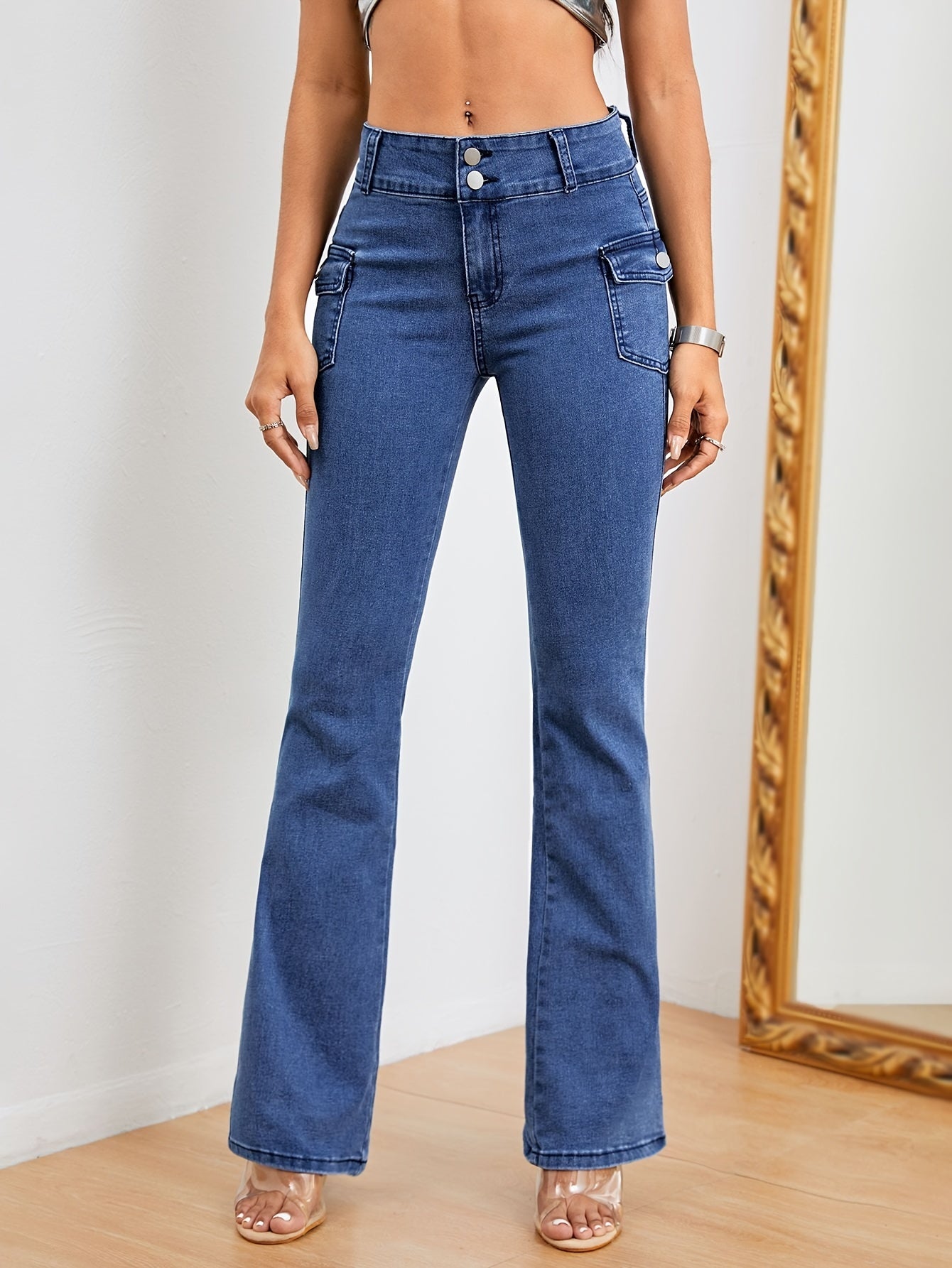 Plain Flap Pockets Cargo Flare Jeans, High Stretch Mid Waist Bell Bottom Jeans, Women's Denim Jeans & Clothing