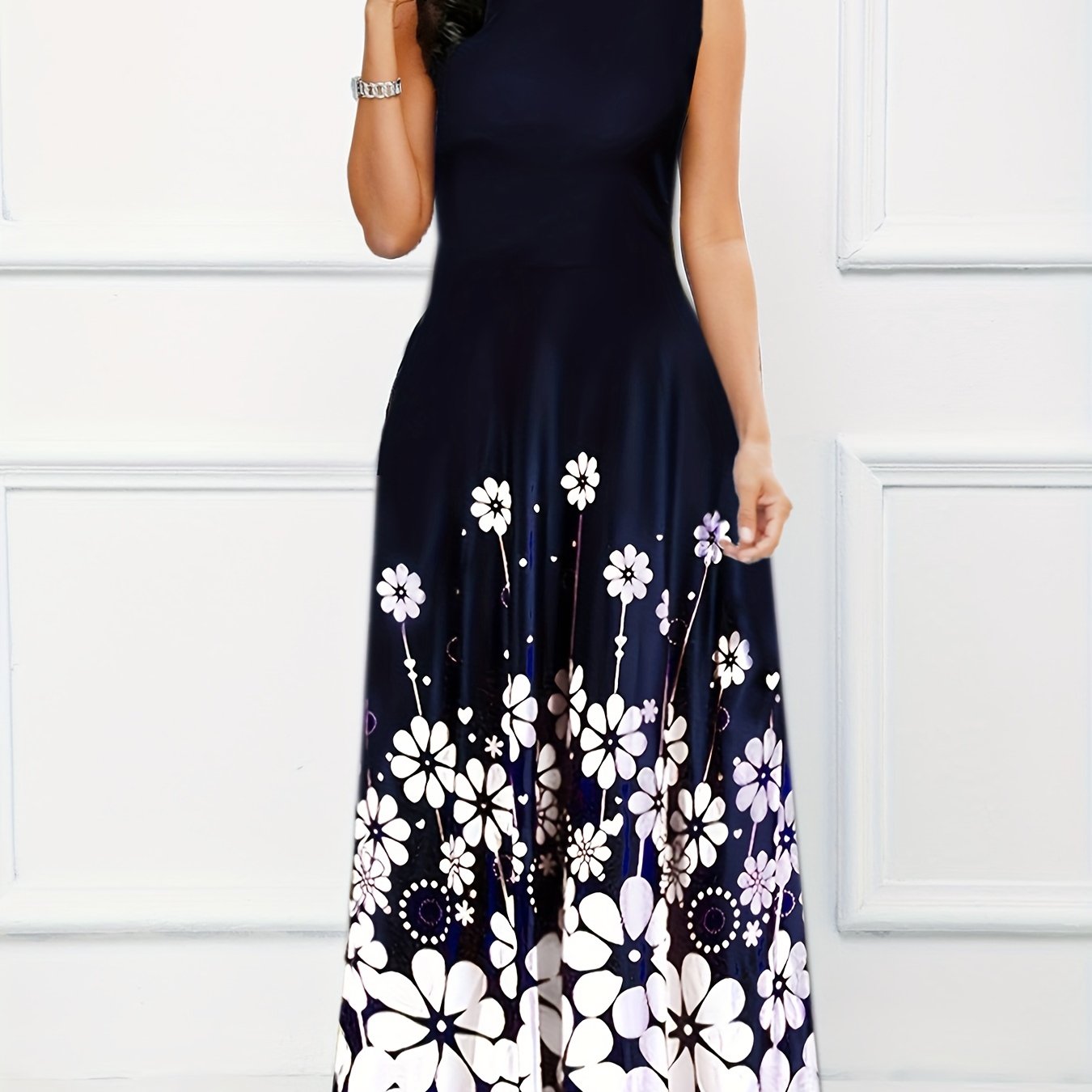gbolsos Floral Print A-line Long Dress, Elegant Crew Neck Sleeveless Waist Summer Swing Dresses, Women's Clothing