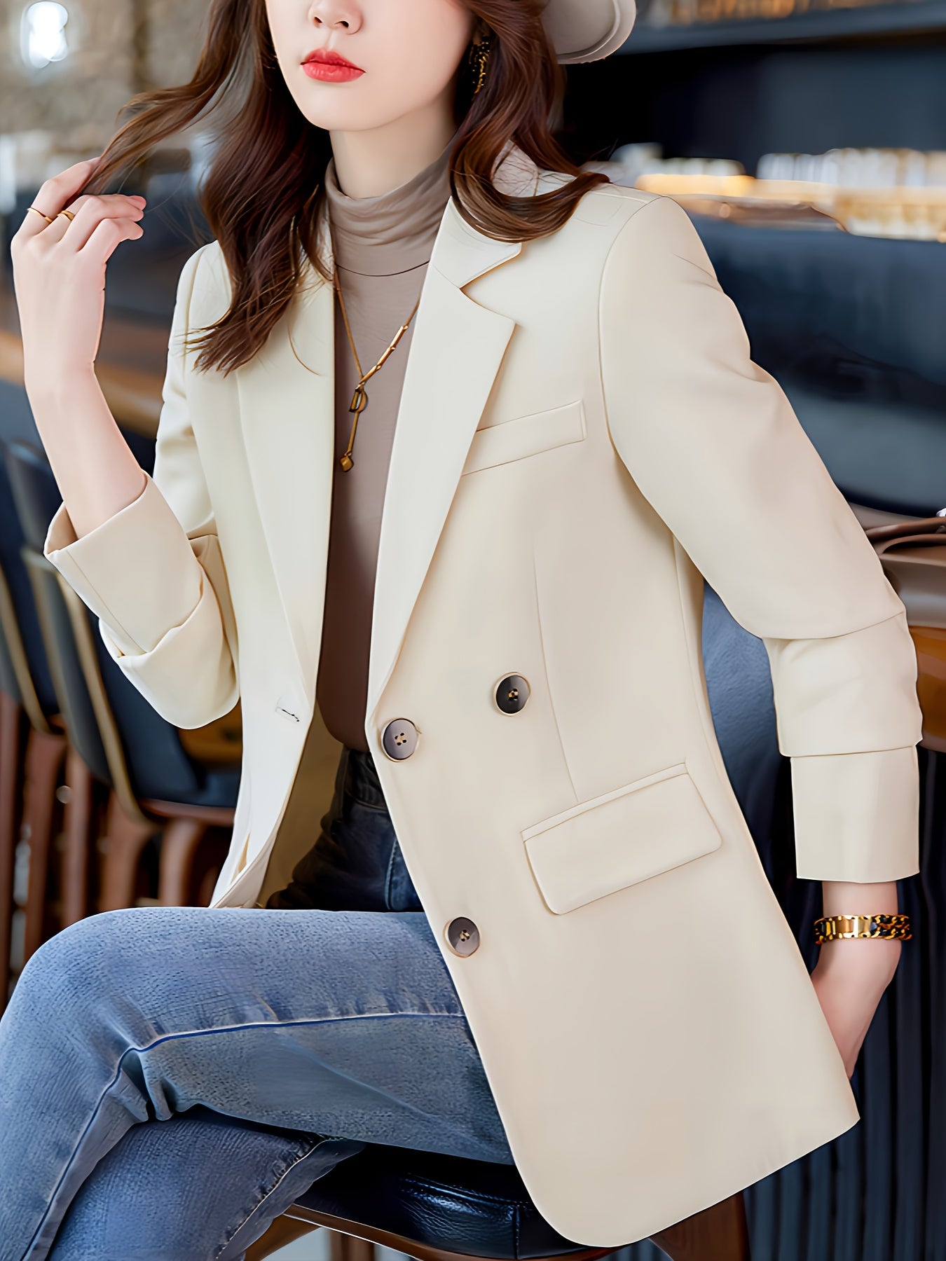 gbolsos Solid Color Open Front Blazer, Elegant Lapel Neck Double Breasted Long Sleeve Split Blazer For Every Day, Women's Clothing