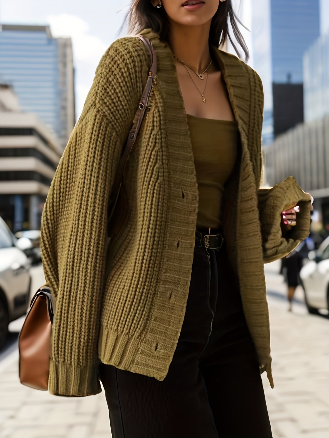 gbolsos Solid Knitted Button Front Cardigan, Casual Long Sleeve Cardigan, Women's Clothing