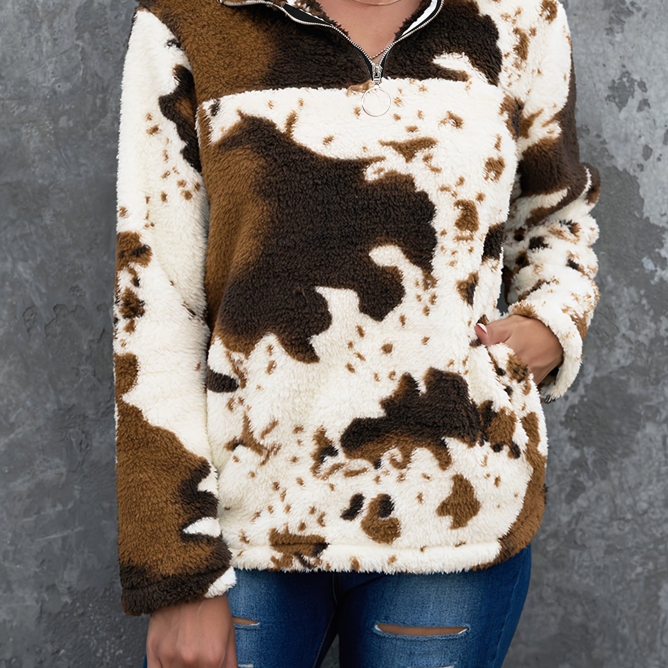 Fuzzy Cow Print Pullover Sweatshirt, Casual Long Sleeve Crew Neck Sweatshirt For Fall & Winter, Women's Clothing