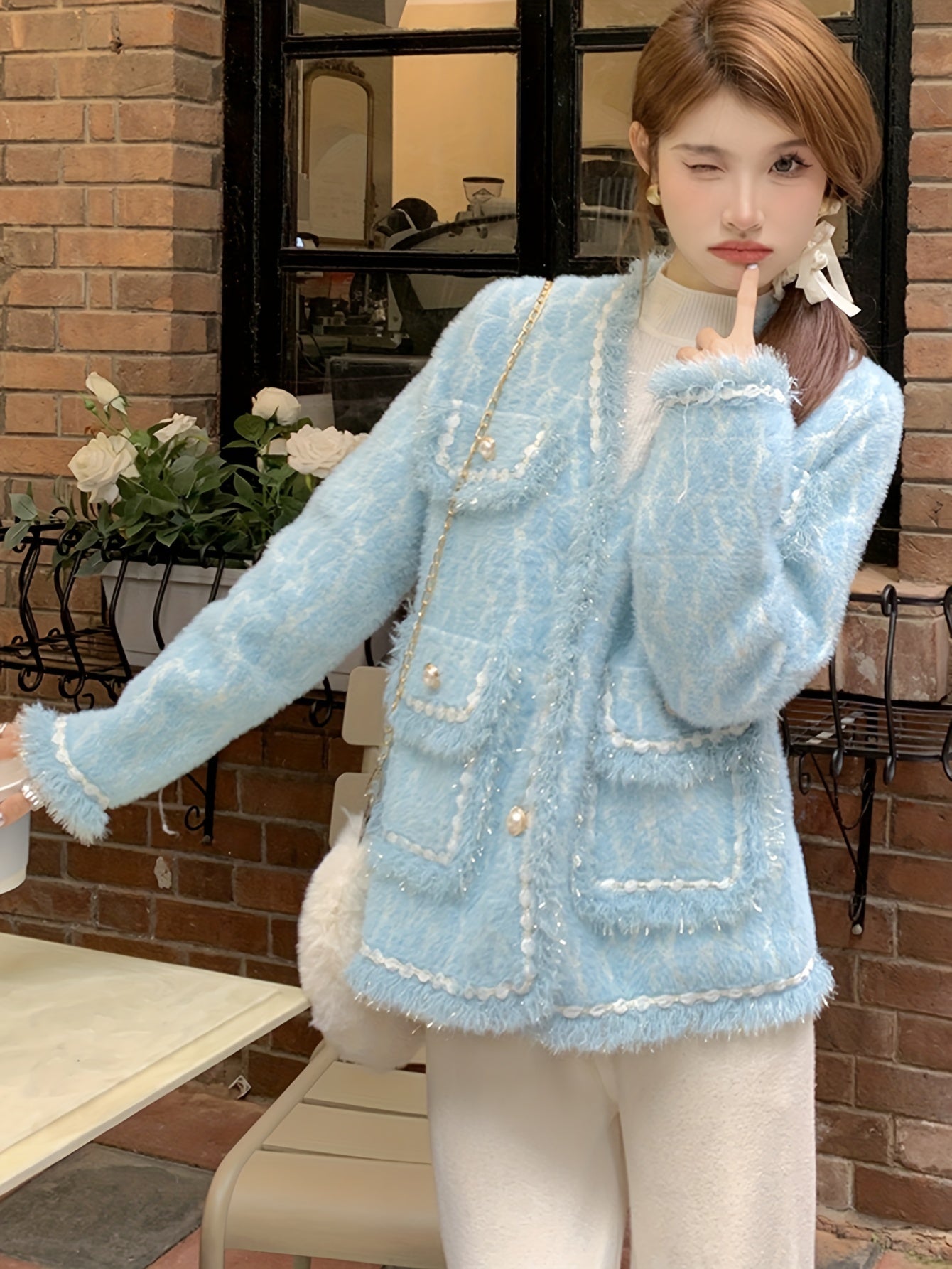 gbolsos Elegant Button Front Cardigan, Long Sleeve Contrast Trim Jacket For Fall & Winter, Women's Clothing