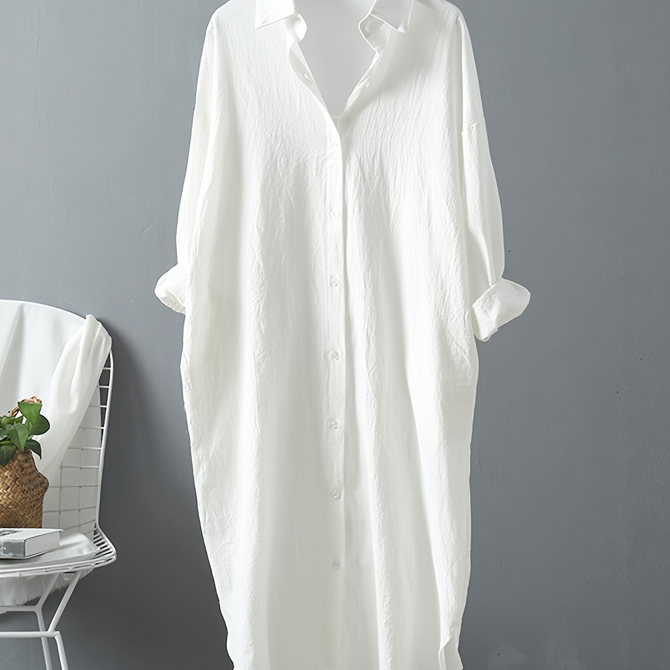 gbolsos Loose Long Sleeve Solid Lapel Shirt, Casual Medium Longline Button Shirt, Women's Clothing