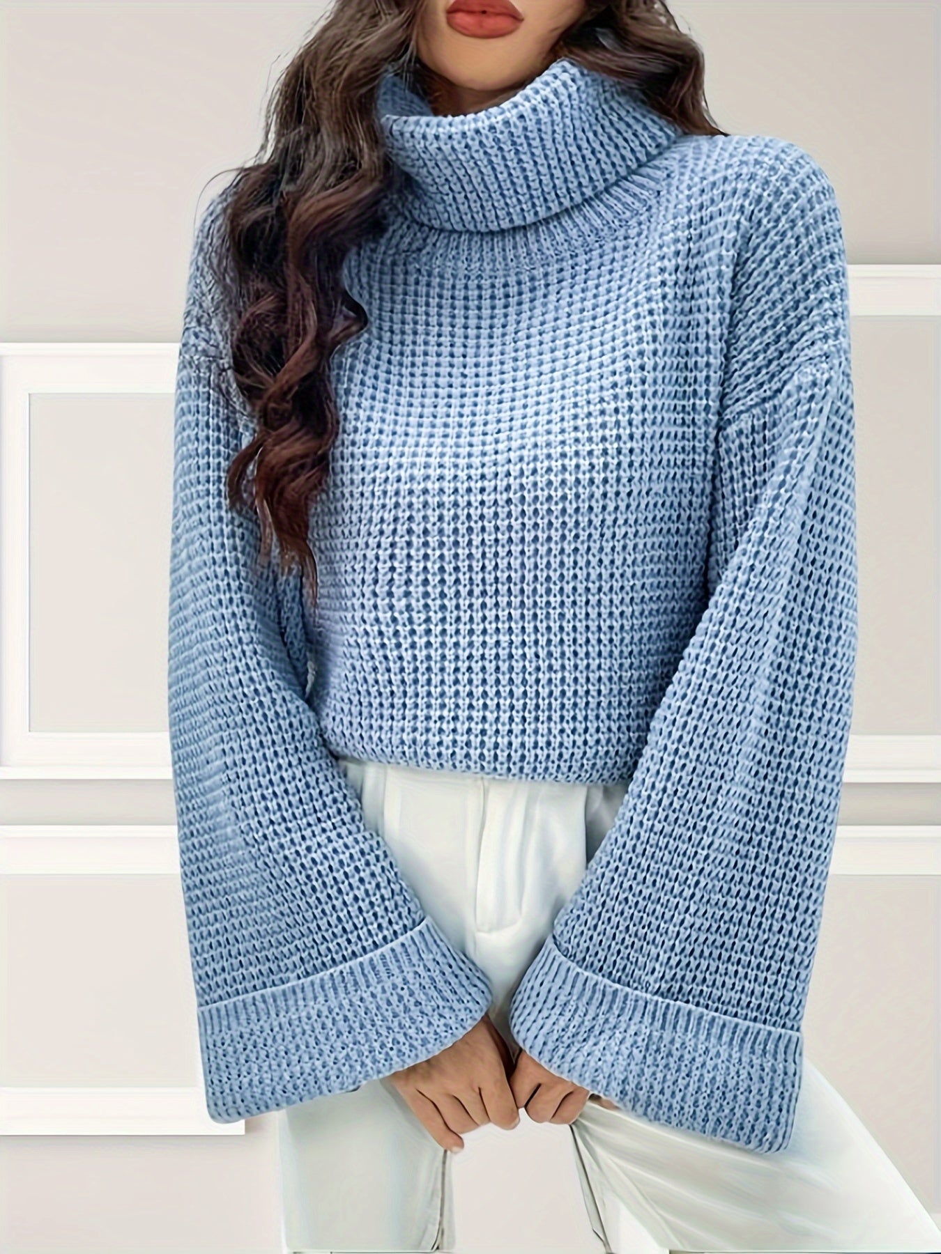 gbolsos Solid Turtle Neck Pullover Sweater, Elegant Long Sleeve Loose Sweater For Fall & Winter, Women's Clothing