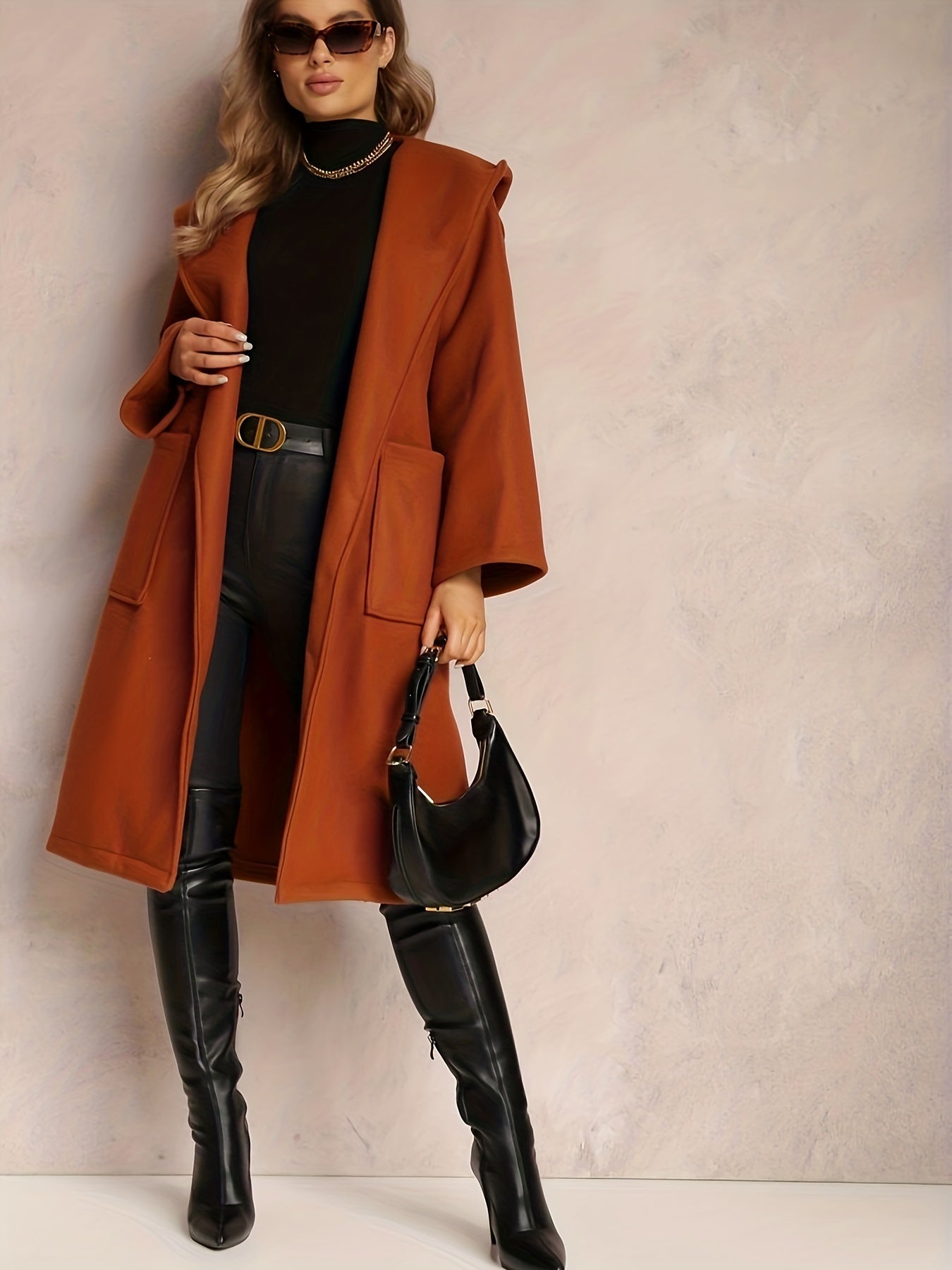 Plus Size Casual Coat, Women's Plus Solid Long Sleeve Open Front Hooded Side Split Hooded Longline Woolen Coat With Belt
