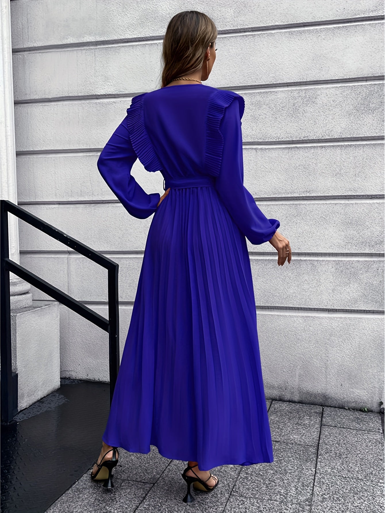 Ruffle Trim Pleated Dress, Casual V Neck Long Sleeve Solid Dress, Women's Clothing