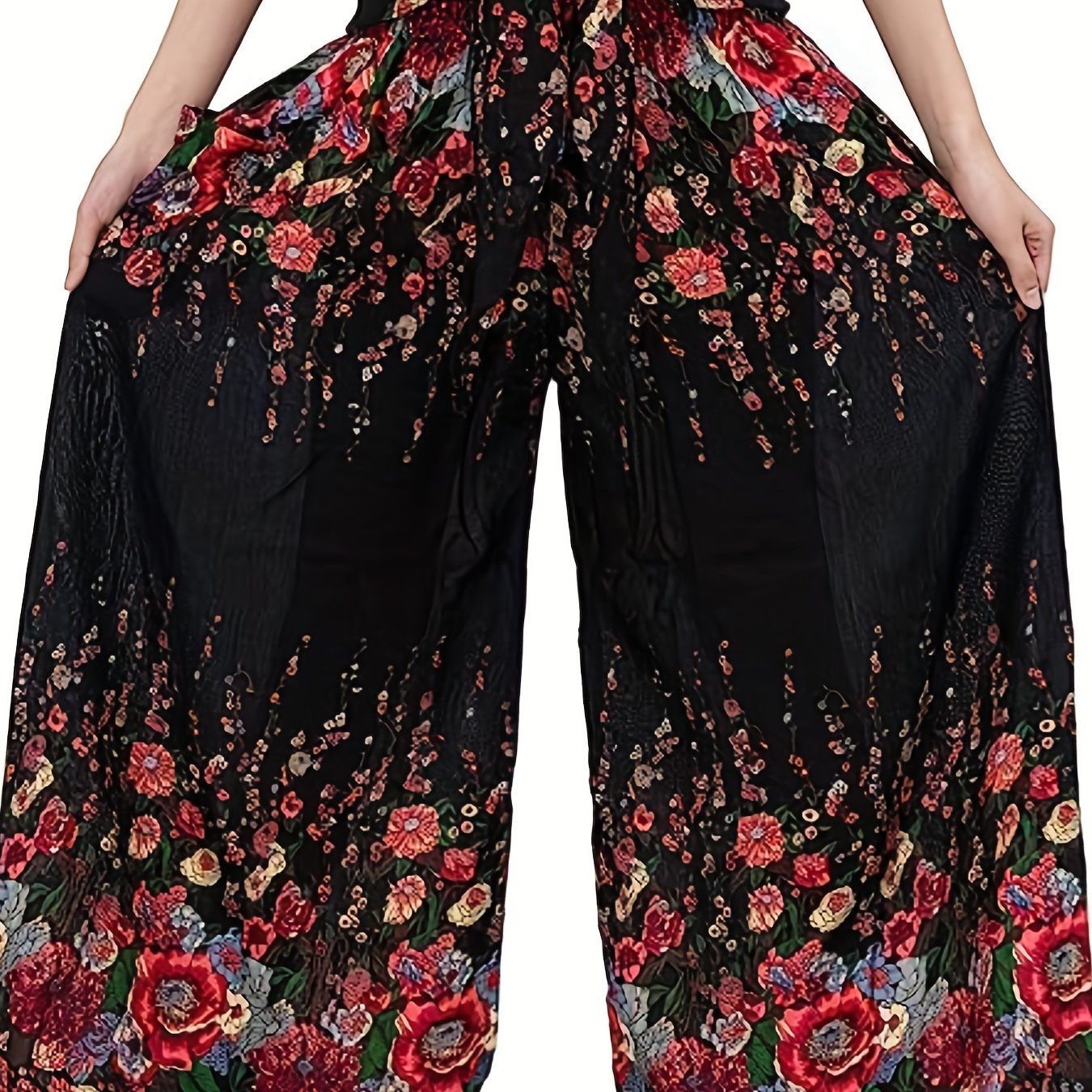 Plus Size Boho Pants, Women's Plus Floral Print High Rise Wide Leg Trousers With Belt