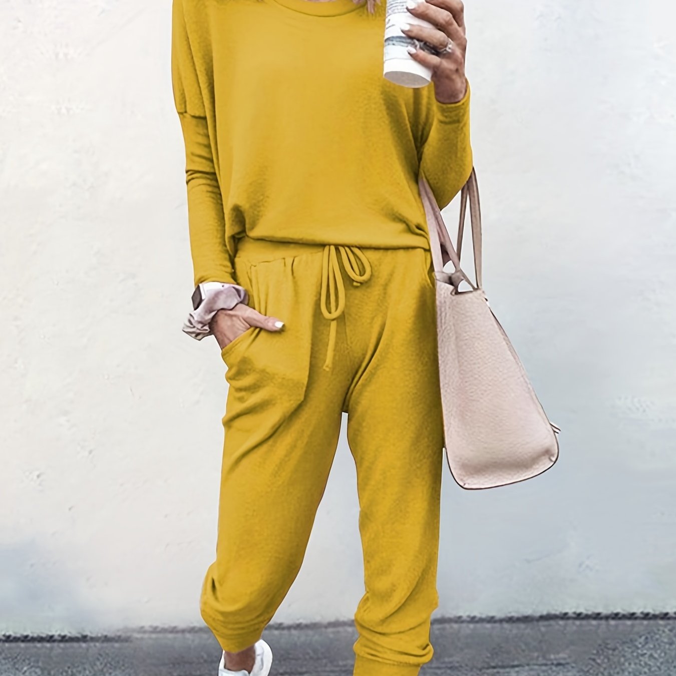 gbolsos Casual Solid Two-piece Set, Long Sleeve T-shirt & Drawstring Pants Outfits, Women's Clothing