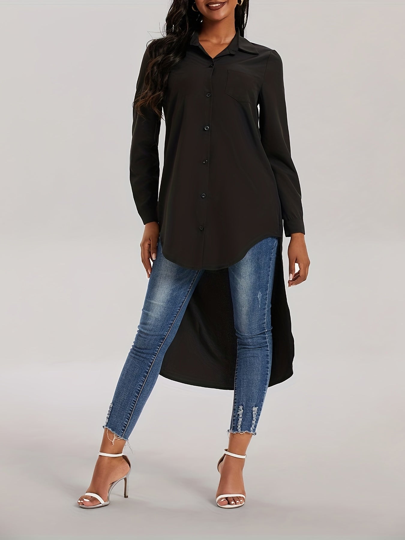 gbolsos Solid Long Sleeve Button Down Lapel Irregular Hem Shirt, Elegant Pockets Stylish Comfy Shirt, Women's Clothing