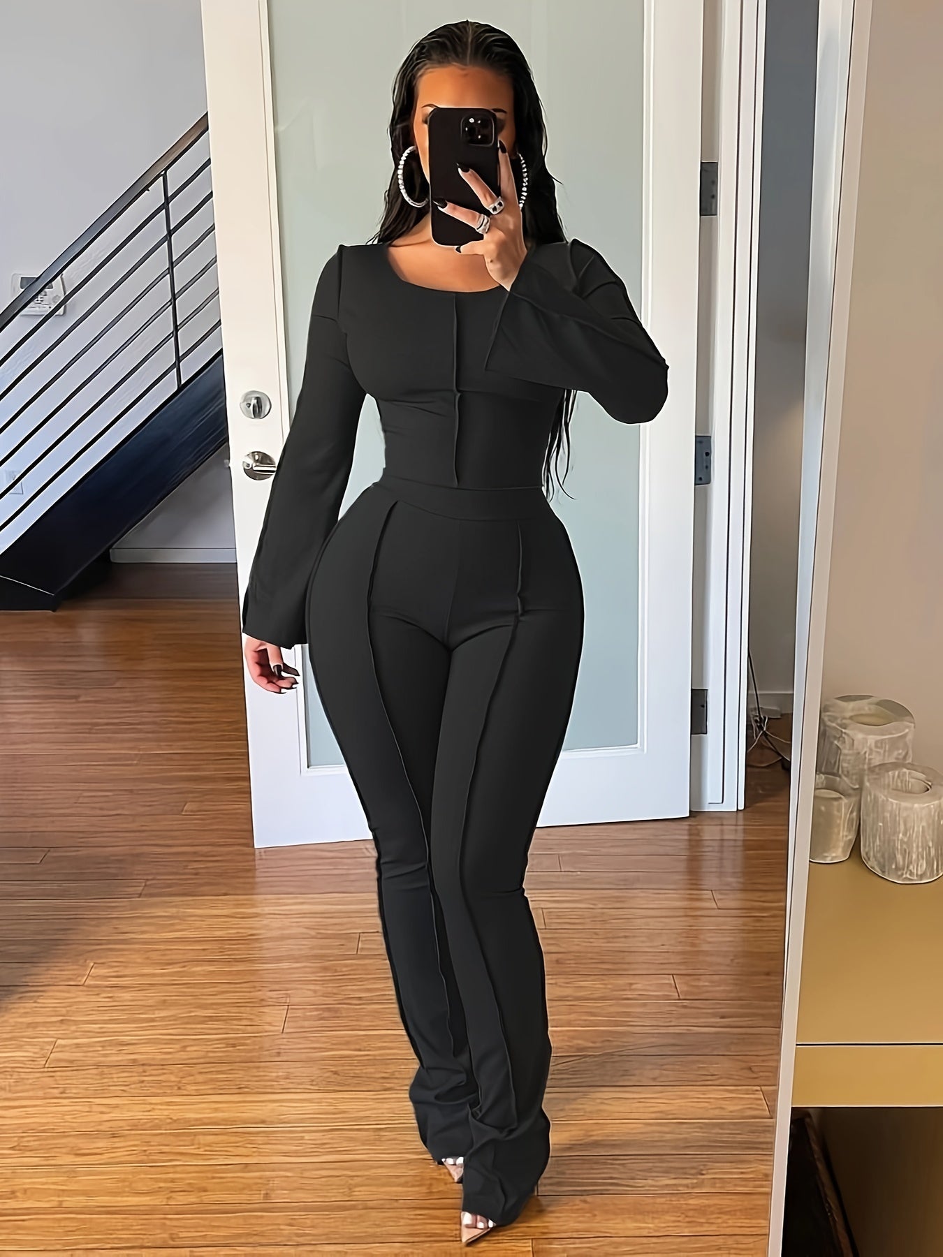 Solid Rib Two-piece Set, Flared Sleeve Crew Neck Tops & High Waist Long Length Pants Outfits, Women's Clothing