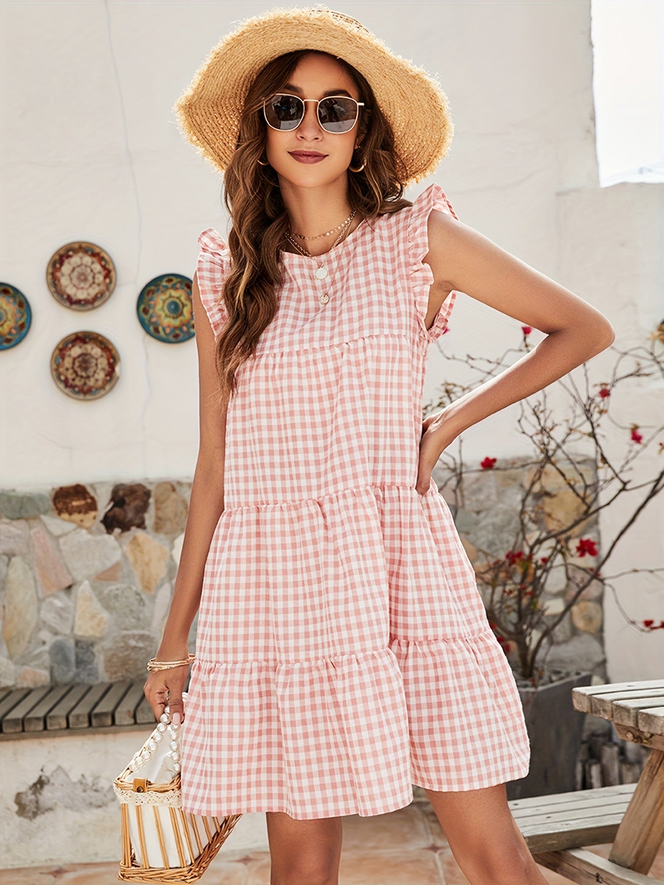 gbolsos Plaid Ruffle Hem Dress, Casual Crew Neck Dress For Spring & Summer, Women's Clothing