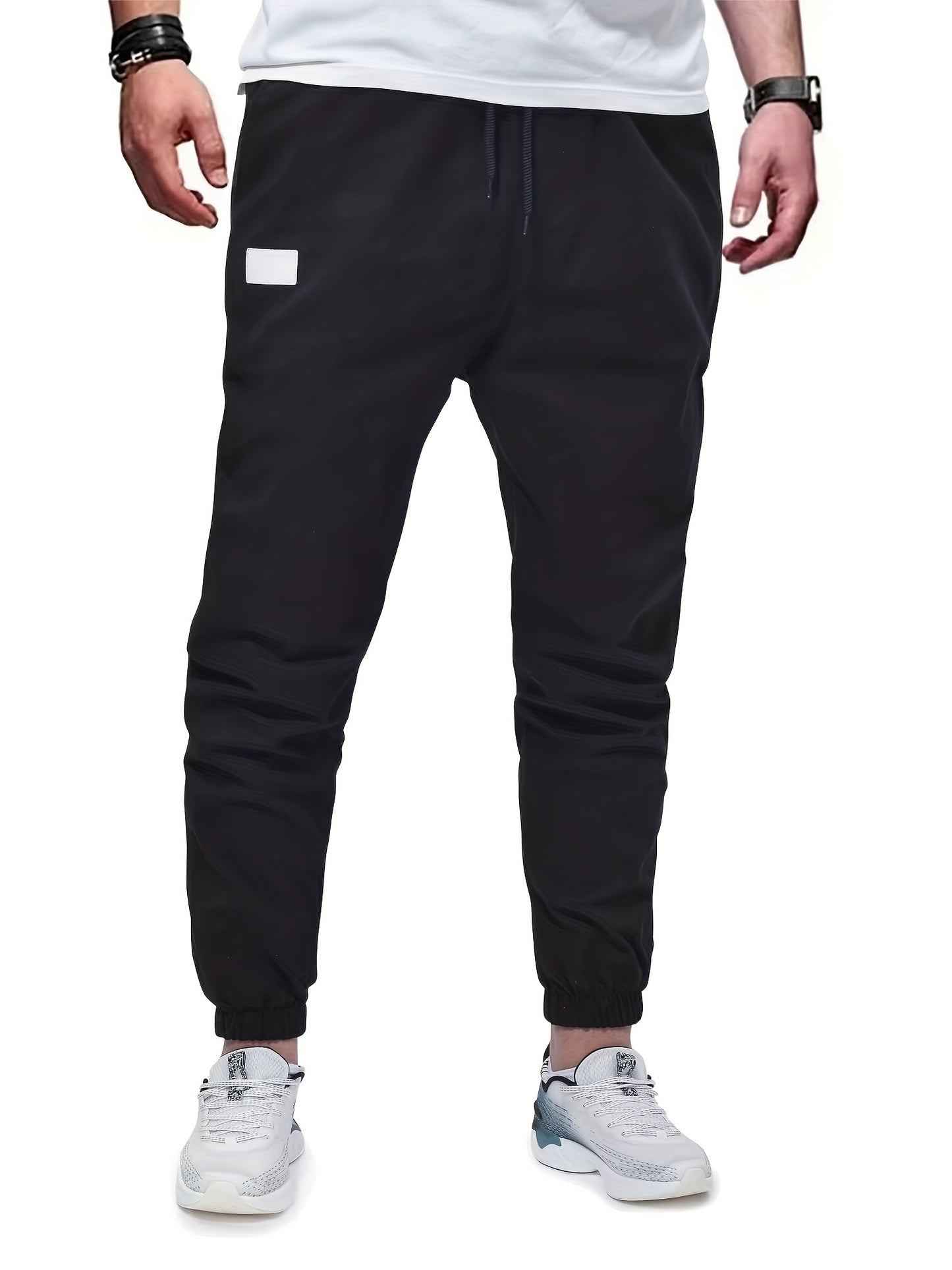 gbolsos Woven Cotton Blend Joggers, Men's Casual Solid Color Slightly Stretch Drawstring Pants For Spring Summer