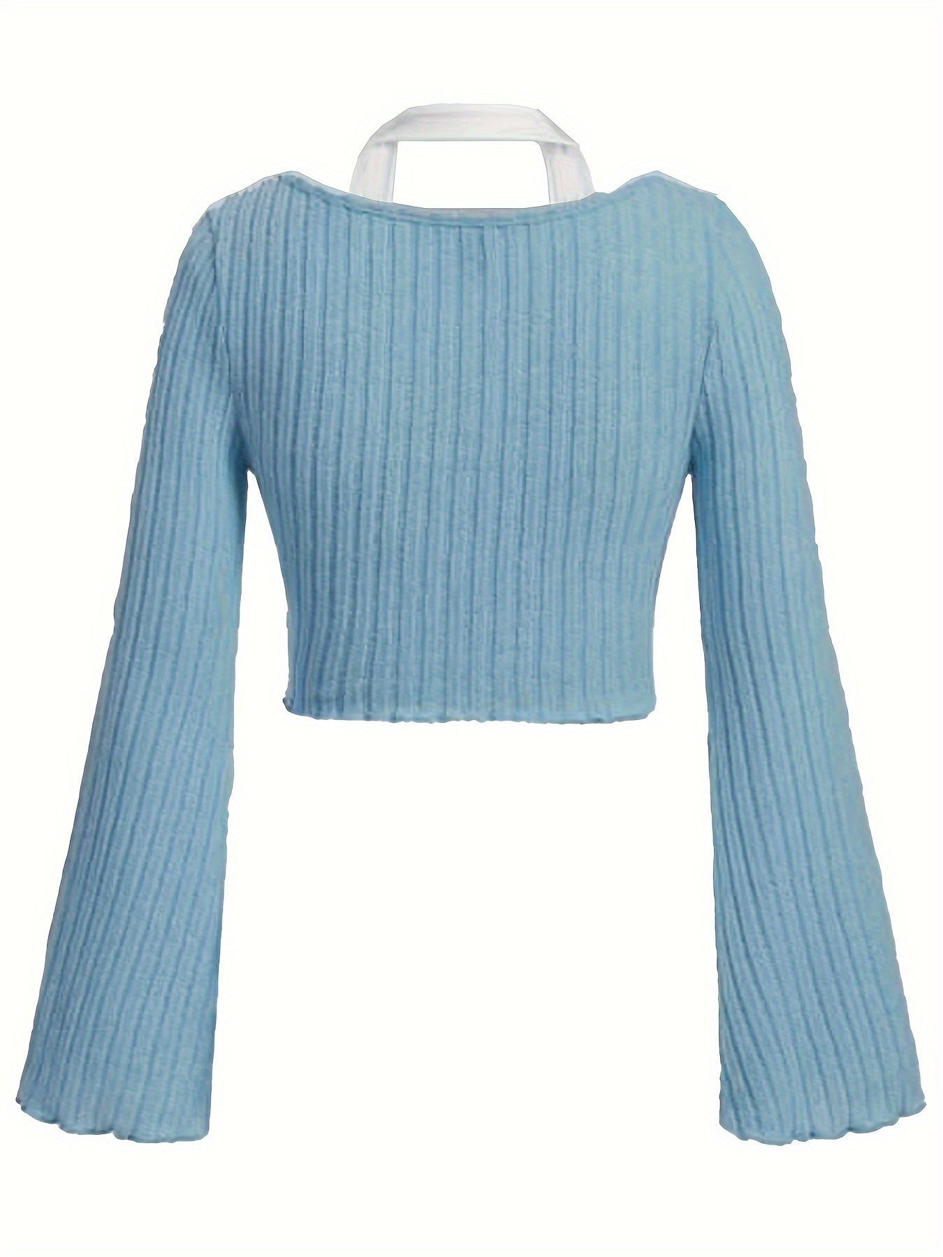gbolsos Solid Rib Knit Sweater , Casual V Neck Flared Sleeve Sweater, Women's Clothing