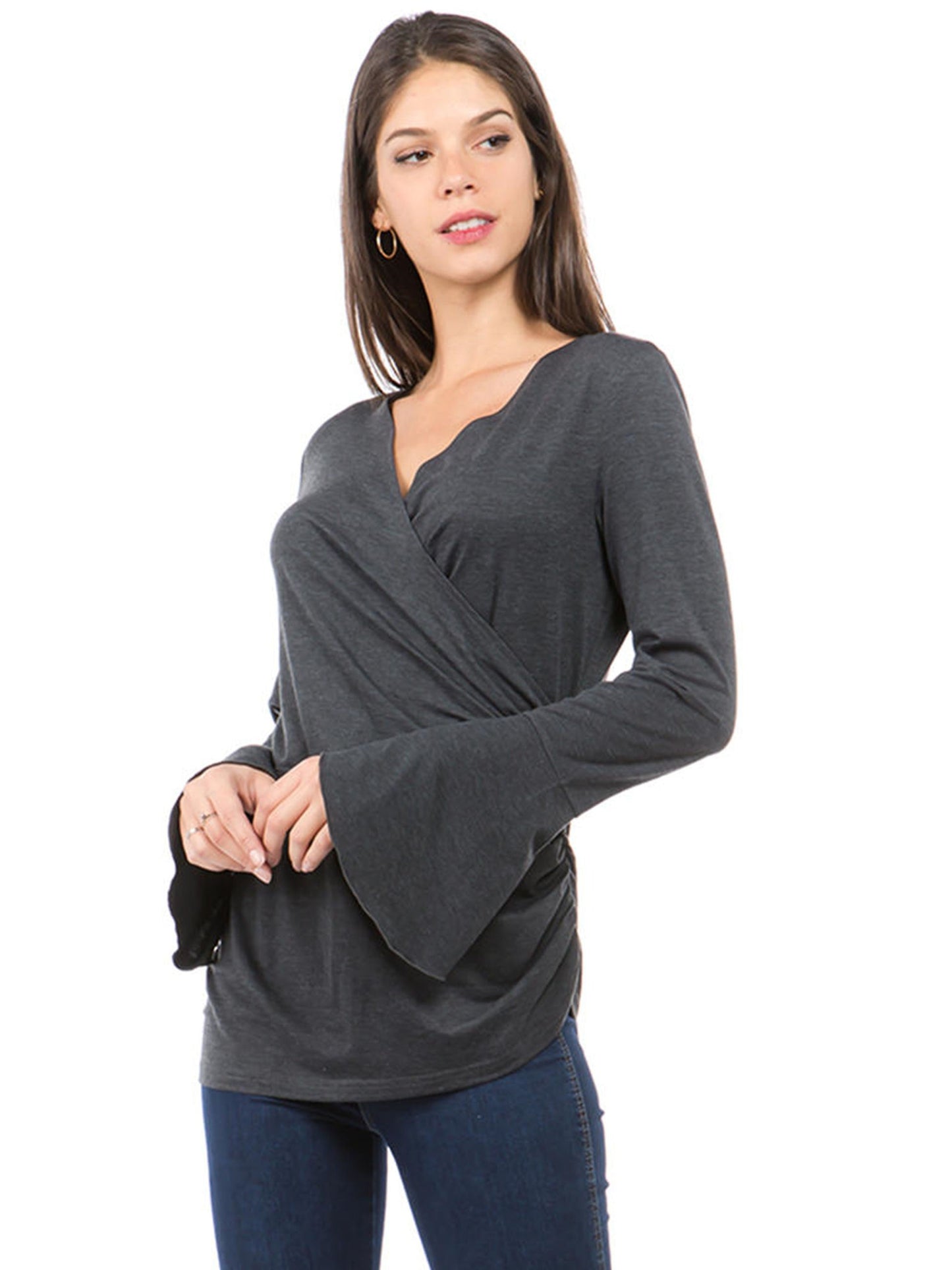 gbolsos Women's T-shirt Casual Solid V-neck Cross Cross Flare Long Sleeve Loose Fashion T-shirt