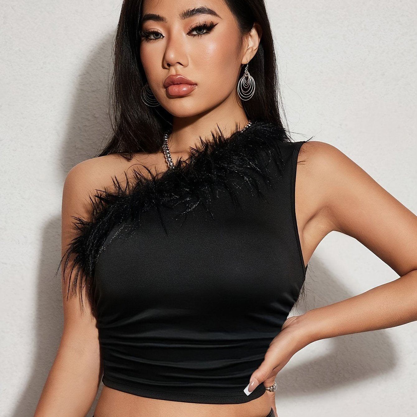 gbolsos Solid Color Single Shoulder T-shirt, Elegant Contrast Trim Sleeveless Crop T-Shirt For Every Day, Women's Clothing