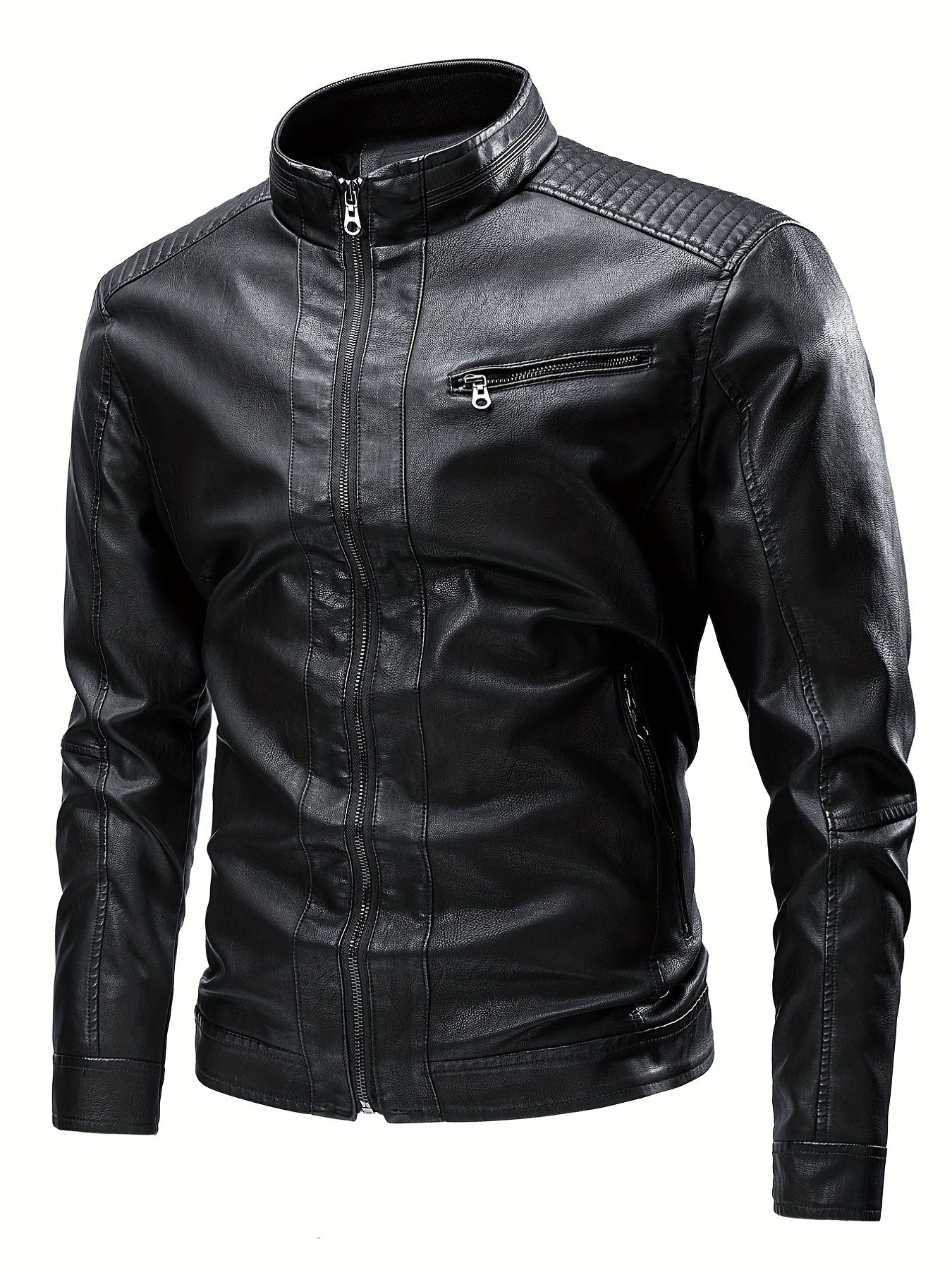 gbolsos Vintage PU Leather Jacket, Men's Casual Zip Up Stand Collar Faux Leather Jacket For Spring Fall Outdoor