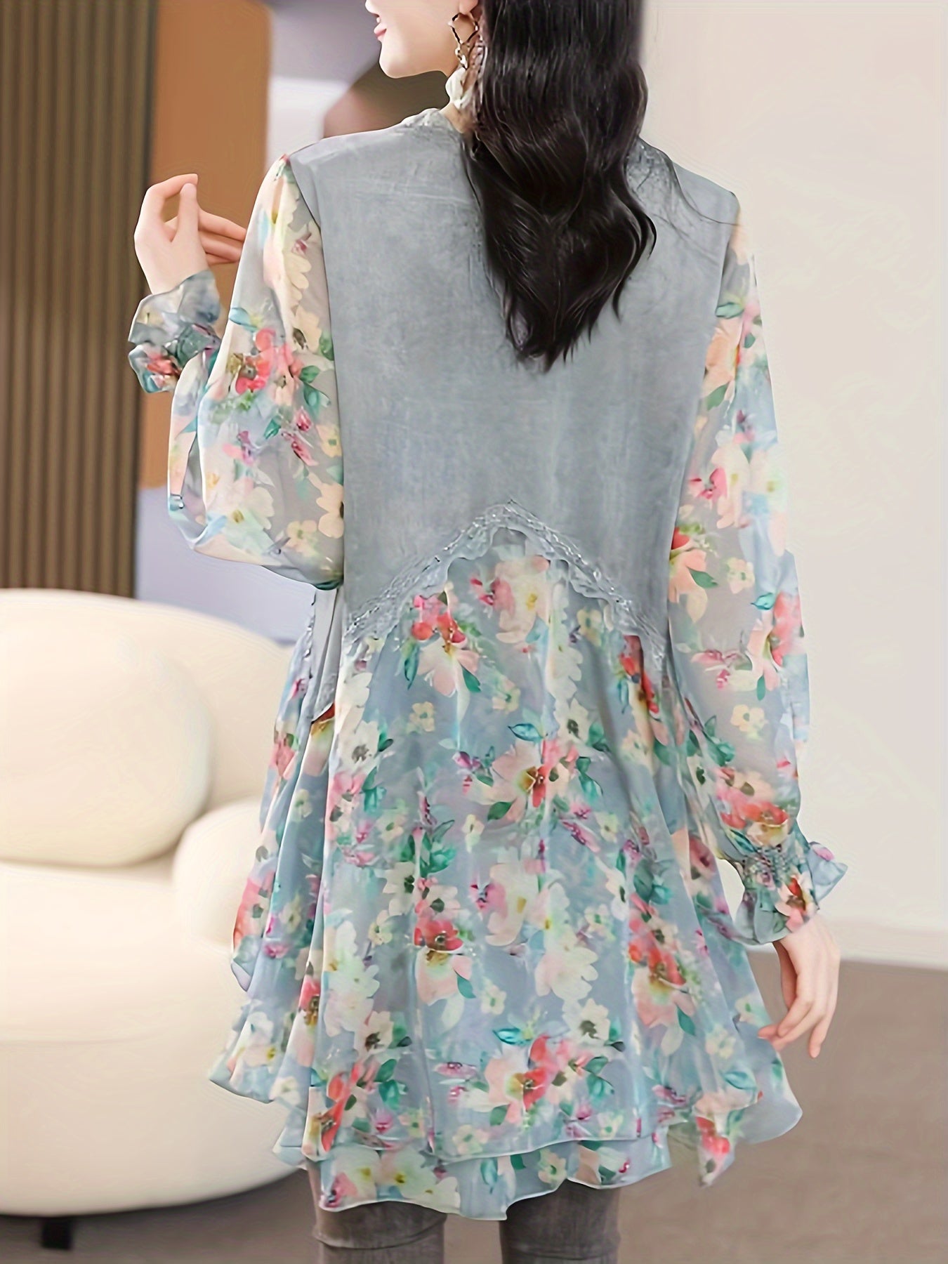 gbolsos Floral Print Splicing V-neck Tunics, Elegant Long Sleeve Color Block Top For Spring & Fall, Women's Clothing