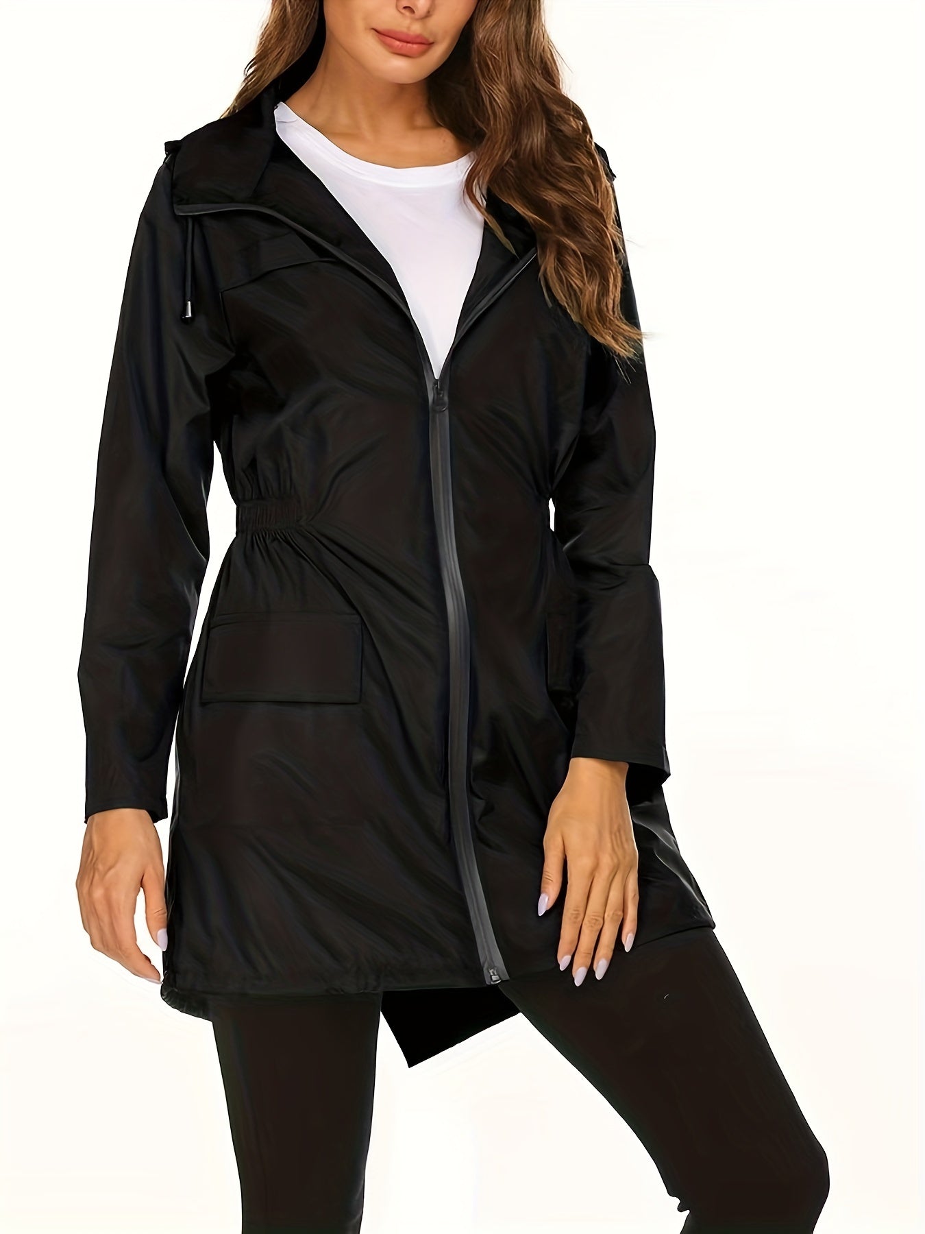 Plus Size Casual Coat, Women's Plus Solid Long Sleeve Zipper Hooded Drawstring Nipped Waist Tunic Jacket With Pockets