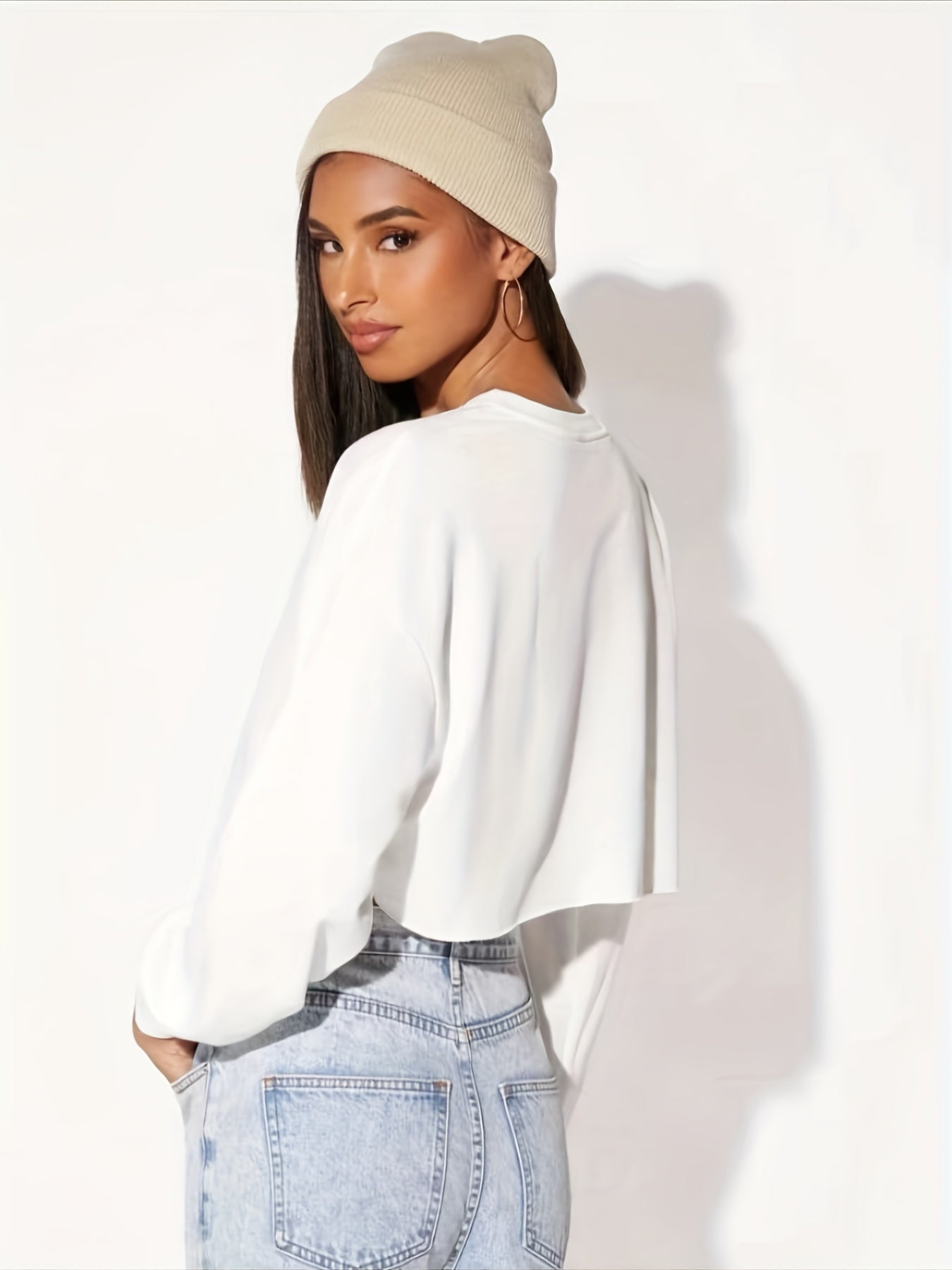 gbolsos Drop Shoulder Crop Pullover Active Sweatshirt, Solid Long Sleeve Crew Neck Casual Sports Sweatshirt, Women's Tops