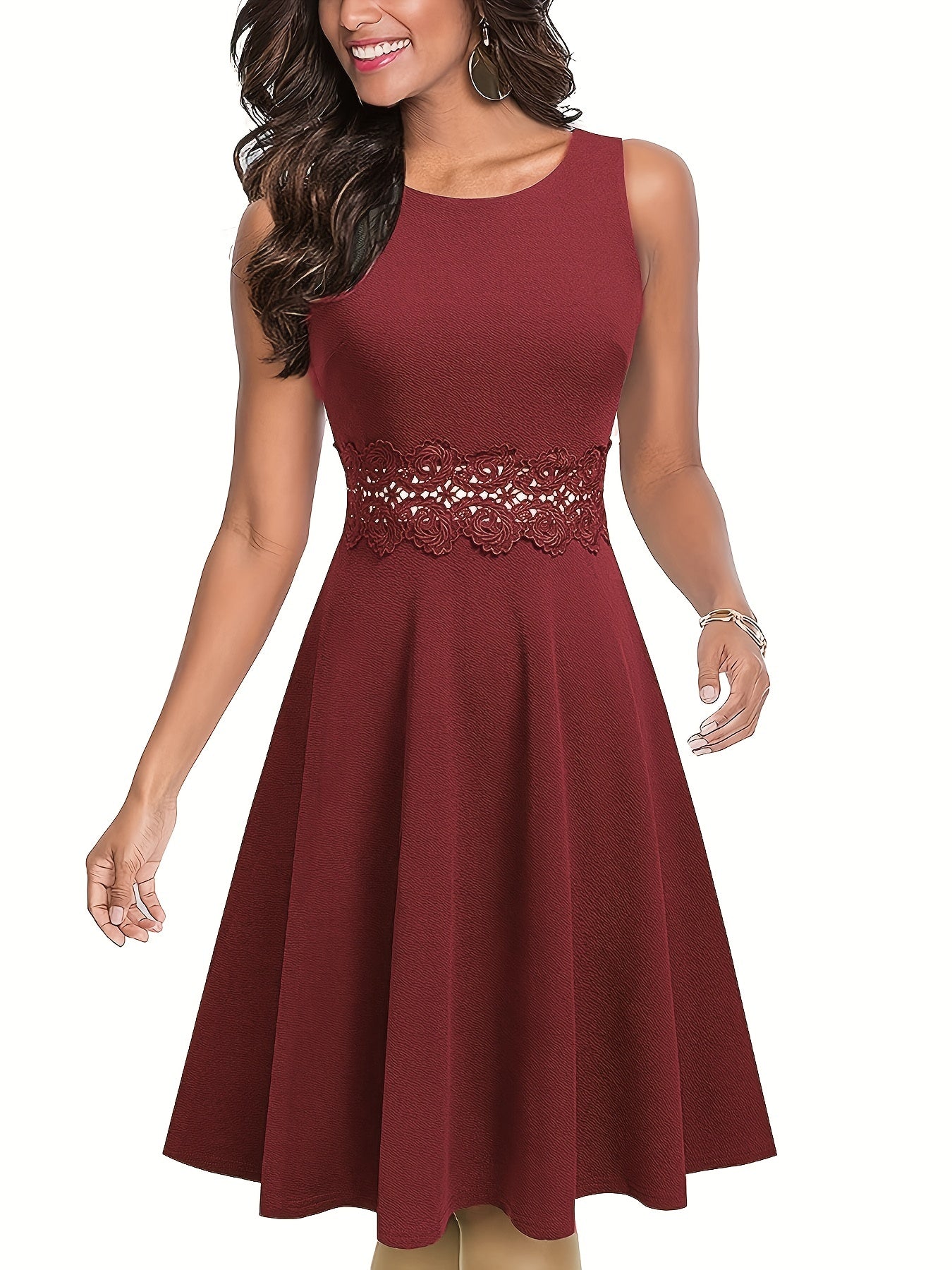 gbolsos Lace Stitching Solid Dress, Elegant Sleeveless Crew Neck Pleated Tank Dress, Women's Clothing