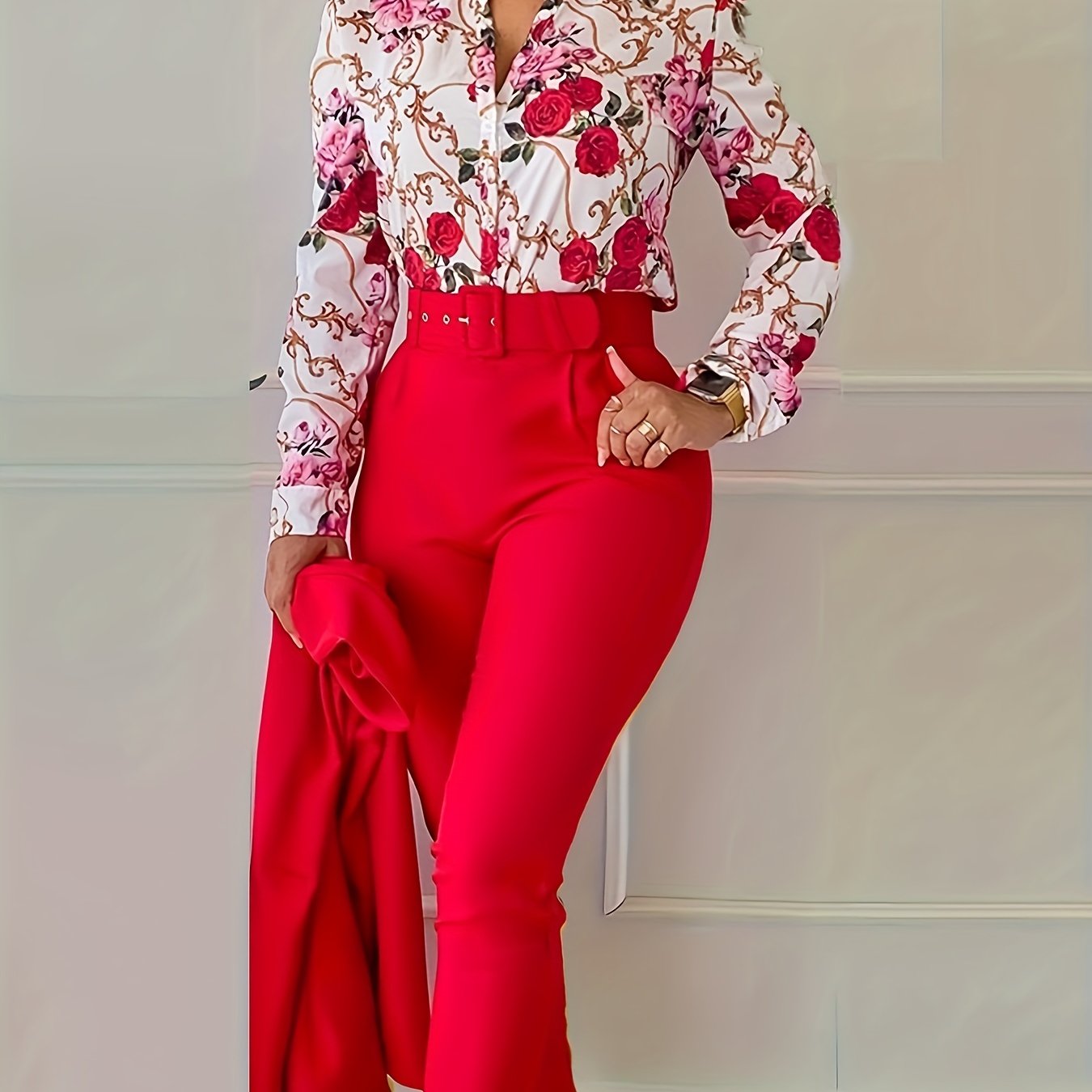 gbolsos Elegant Two-piece Set, Floral Print V Neck Long Sleeve Blouse & Solid Belted Tapered Pants Outfits, Women's Clothing