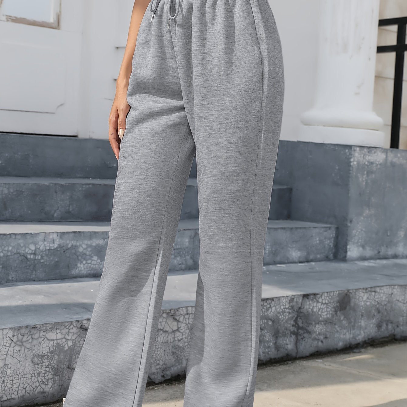 Drawstring Waist Straight Leg Pants, Casual Solid Sporty Pants For Fall & Winter, Women's Clothing