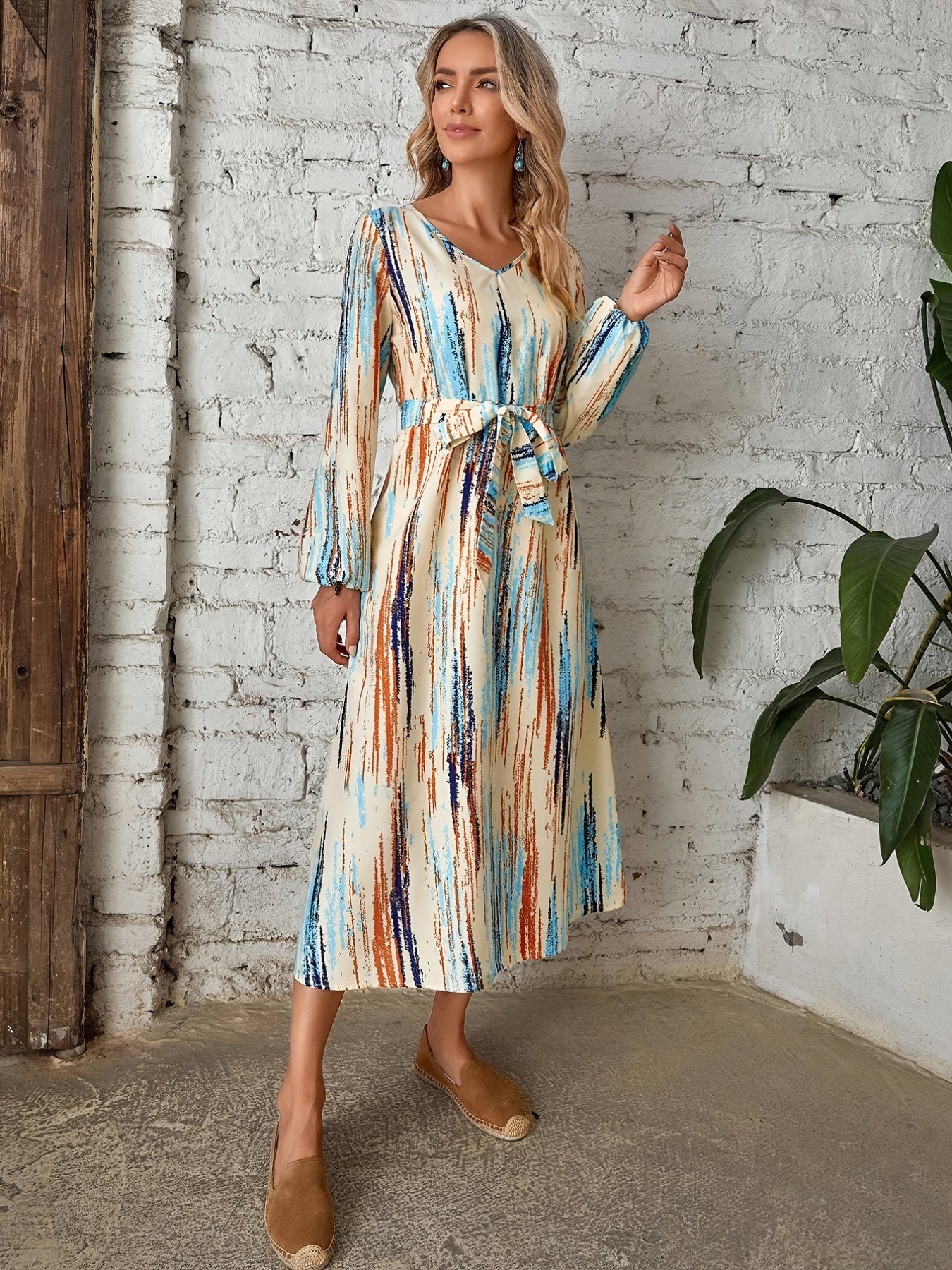 gbolsos Abstract Print Midi Dress, Casual V Neck Long Sleeve Dress, Women's Clothing