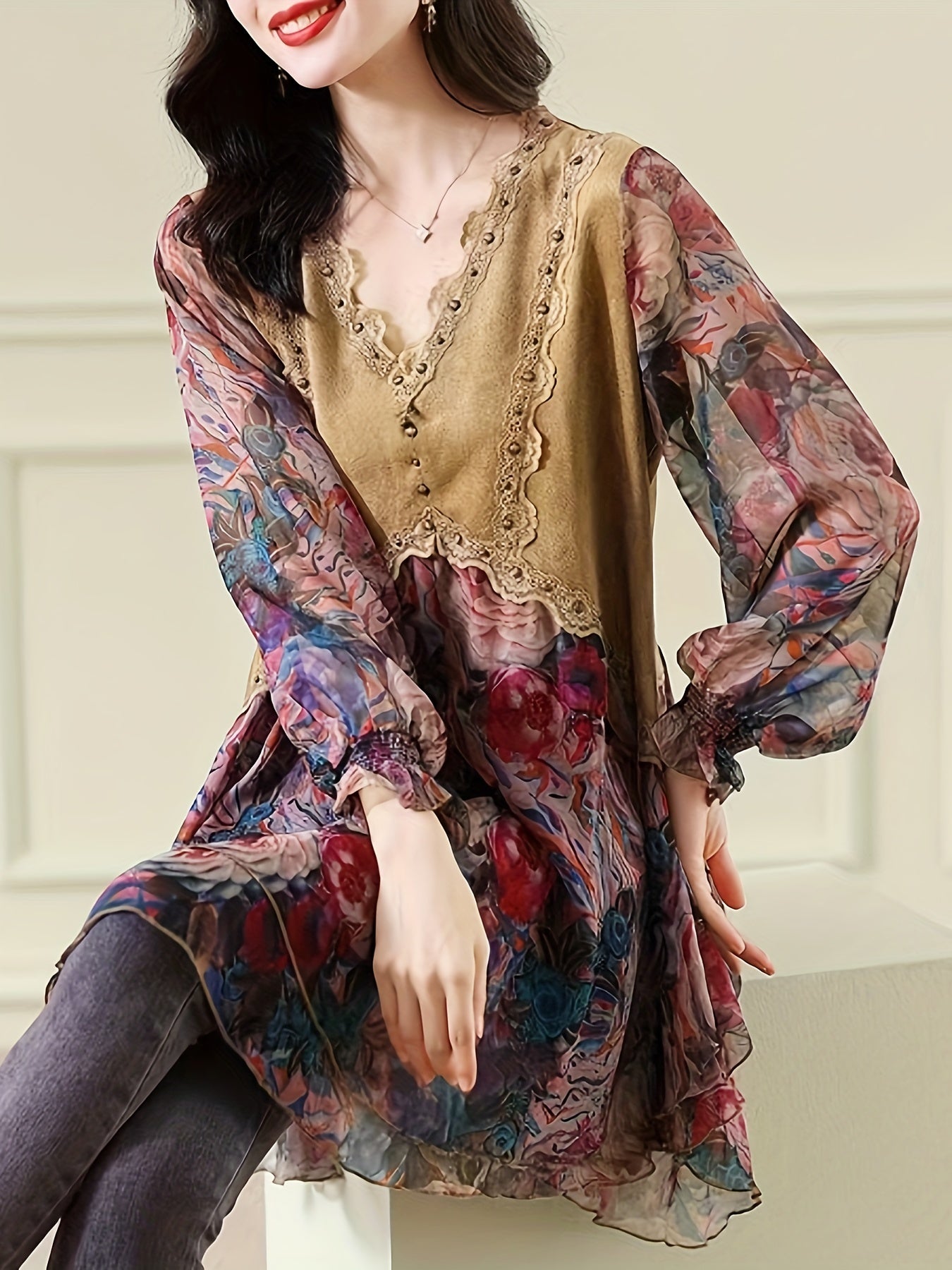 gbolsos Floral Print Splicing V-neck Tunics, Elegant Long Sleeve Color Block Top For Spring & Fall, Women's Clothing