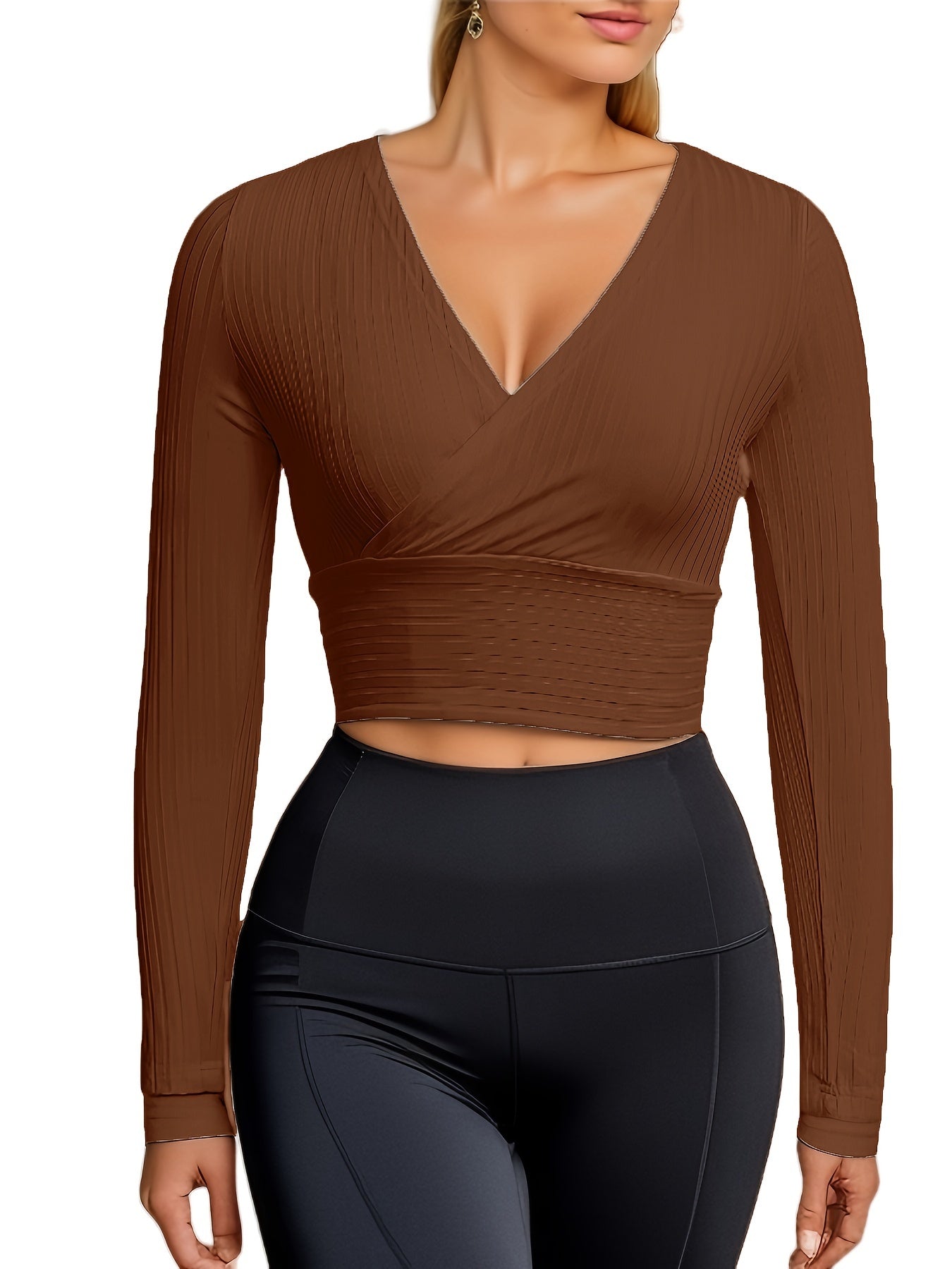 gbolsos Ribbed Solid Deep V Neck Long Sleeve Cross Wrap Crop Tops , Women's Clothings