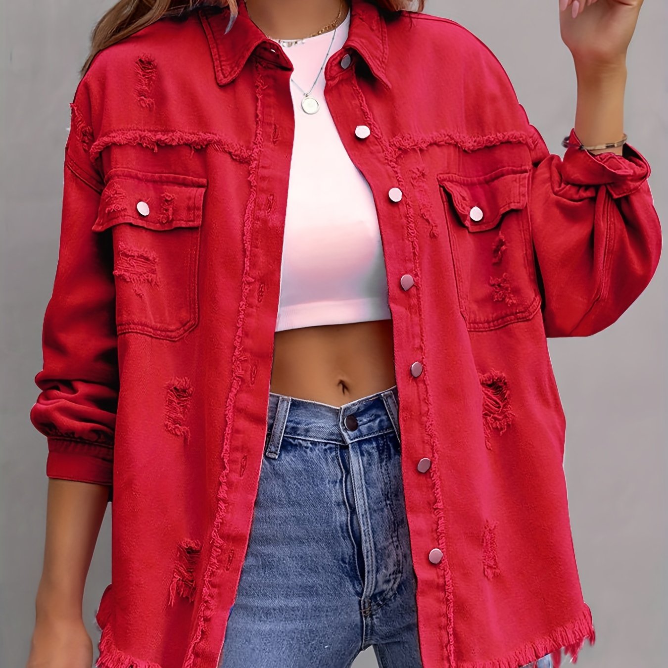 Raw Hem Ripped Distressed Denim Jacket, Flap Pockets Long Sleeves Street Style Single-Breasted Denim Coat, Women's Denim Jeans & Clothing