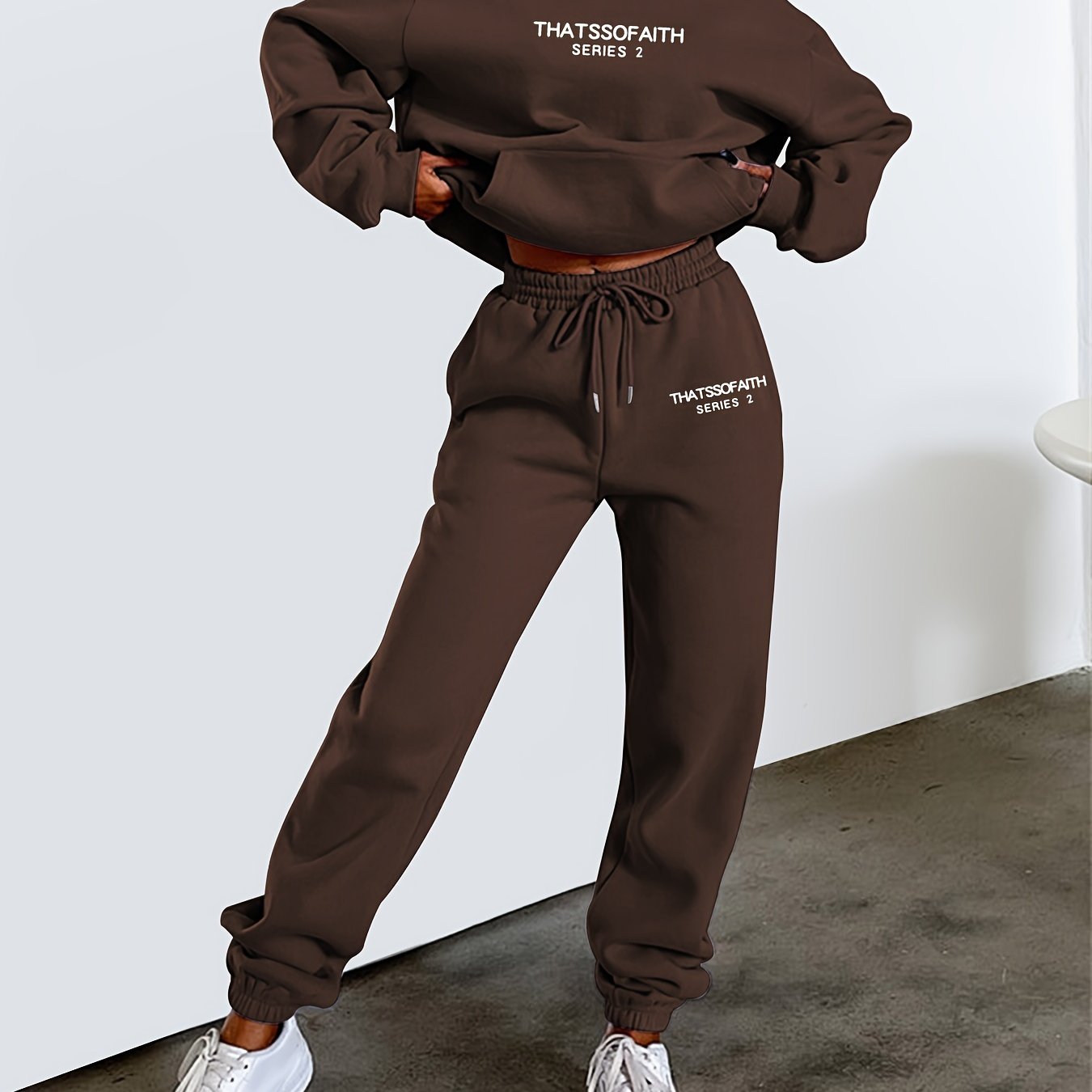 gbolsos Letter Print Casual Two-piece Set, Drawstring Hooded Tops & Drawstring Jogger Pants Outfits, Women's Clothing