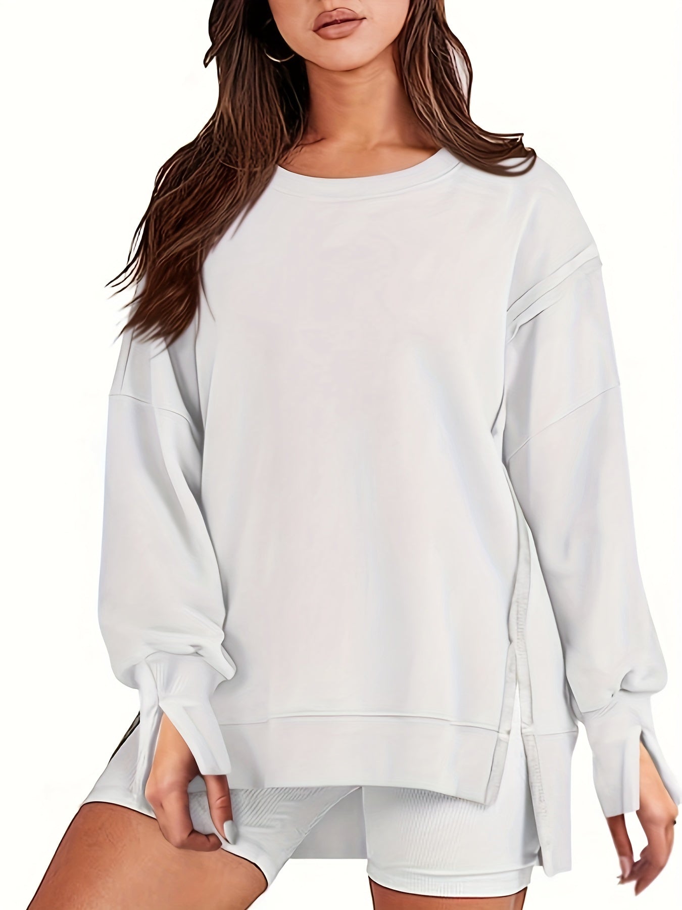 Top-stitching Dipped Hem Pullover Sweatshirt, Casual Long Sleeve Crew Neck Sweatshirt For Fall & Winter, Women's Clothing