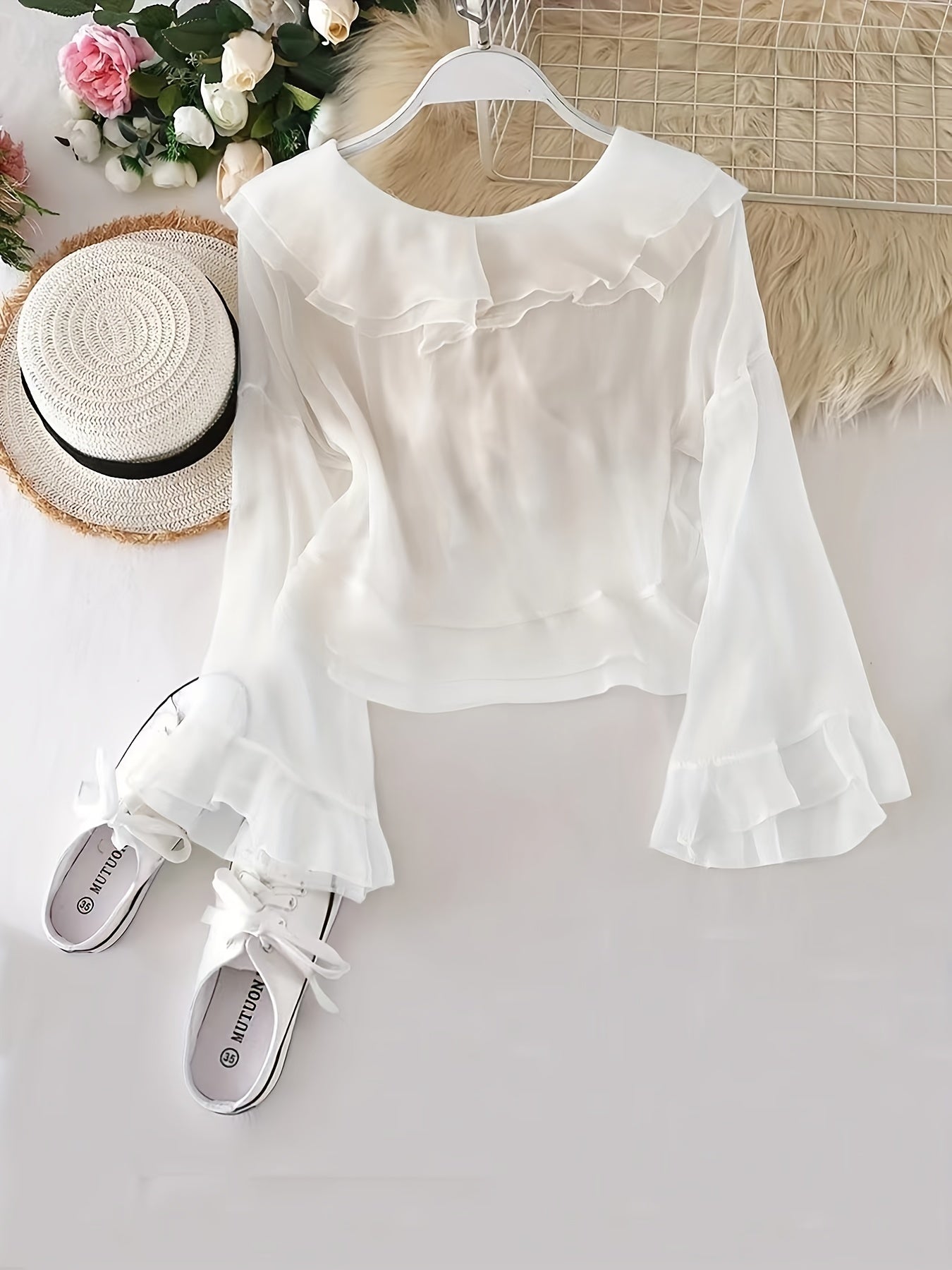 gbolsos Ruffle Layered Blouse, Elegant Tie Front Long Flared Sleeve Blouse, Women's Clothing