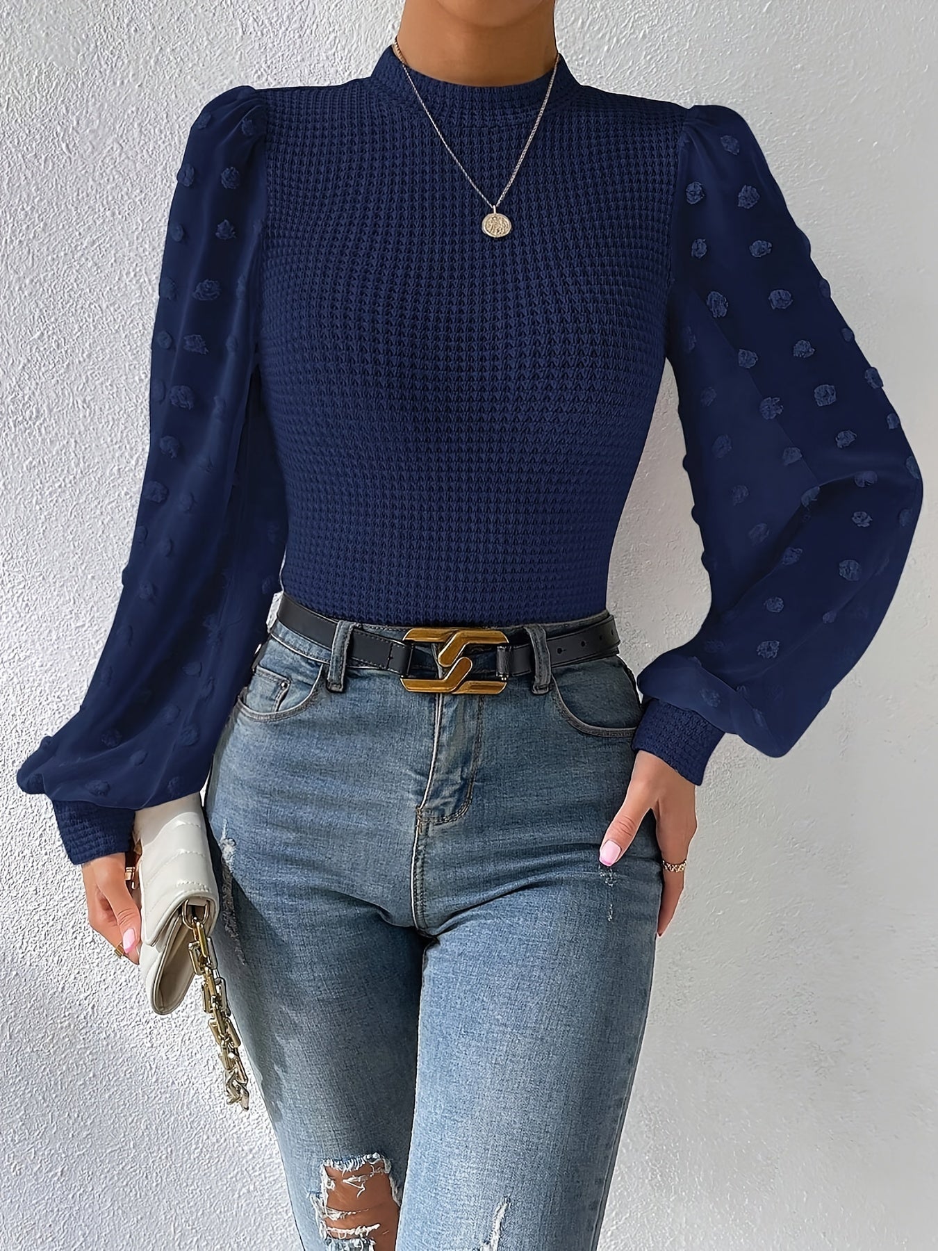 gbolsos Swiss Dot Mock Neck Blouse, Casual Long Lantern Sleeve Blouse For Spring & Fall, Women's Clothing
