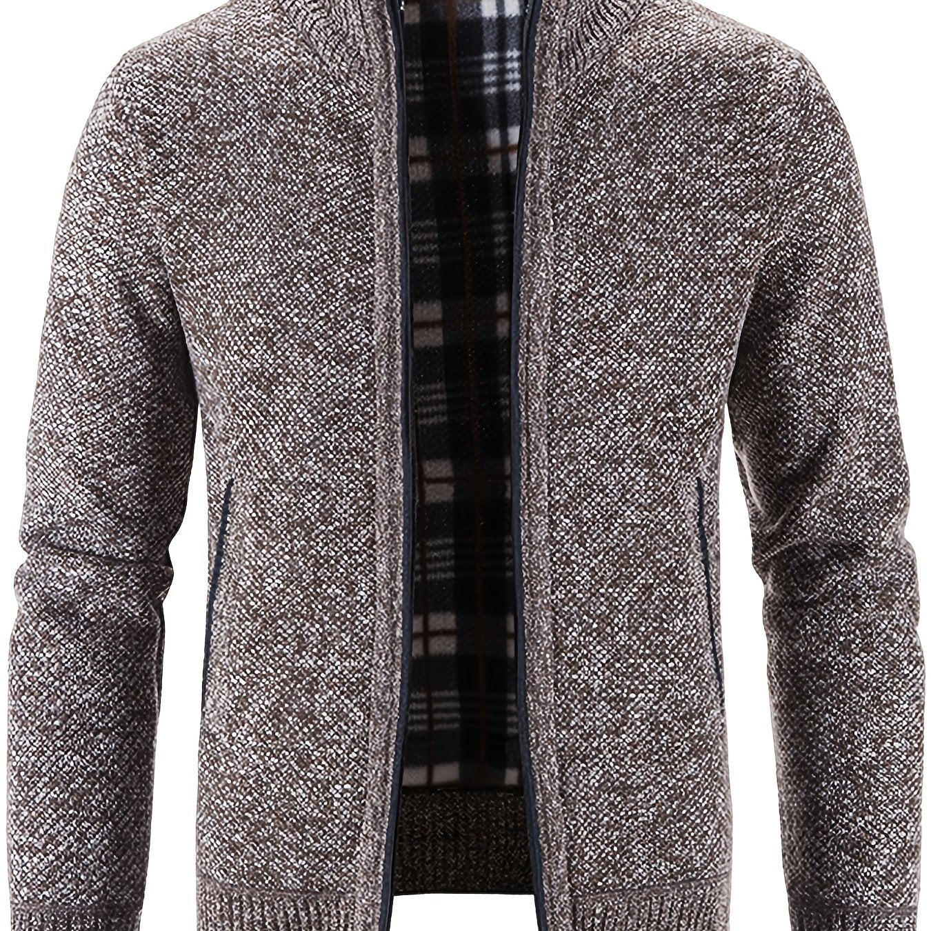 gbolsos Warm Stand Collar Fleece Jacket, Men's Semi-formal Comfortable Solid Color Zip Up Knitted Cardigan For Spring Fall