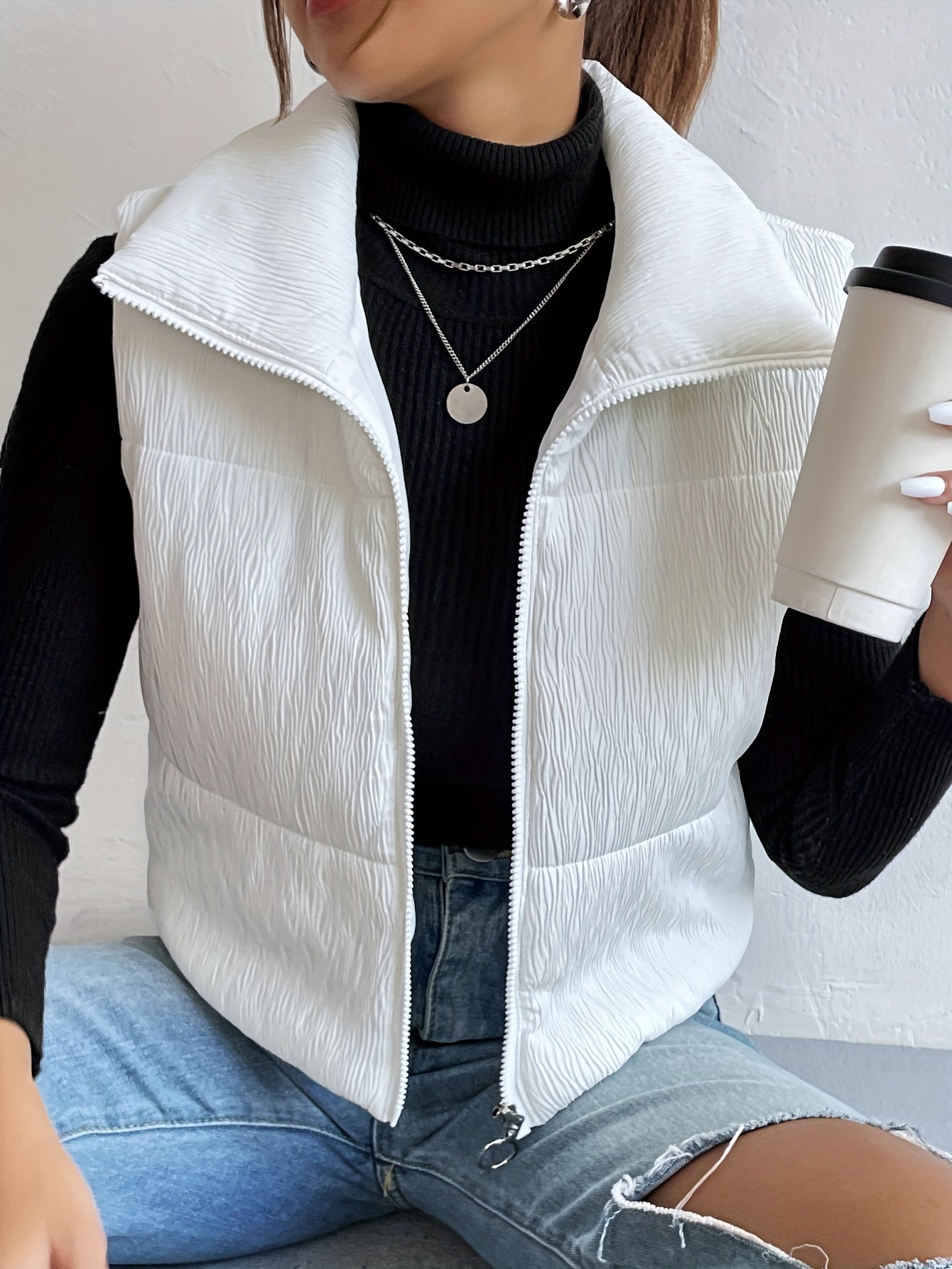 Texture Sleeveless Parka, Zip Up Solid Casual Outwear For Fall & Winter, Women's Clothing