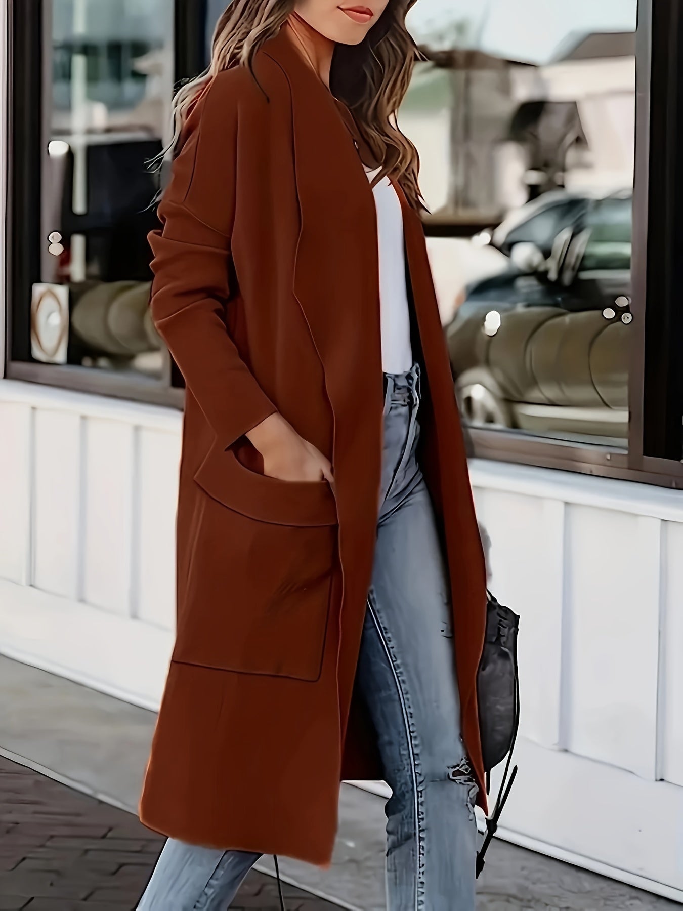 Plus Size Elegant Coat, Women's Plus Solid Long Sleeve Open Front Lapel Collar Longline Cardigan Coat With Pockets
