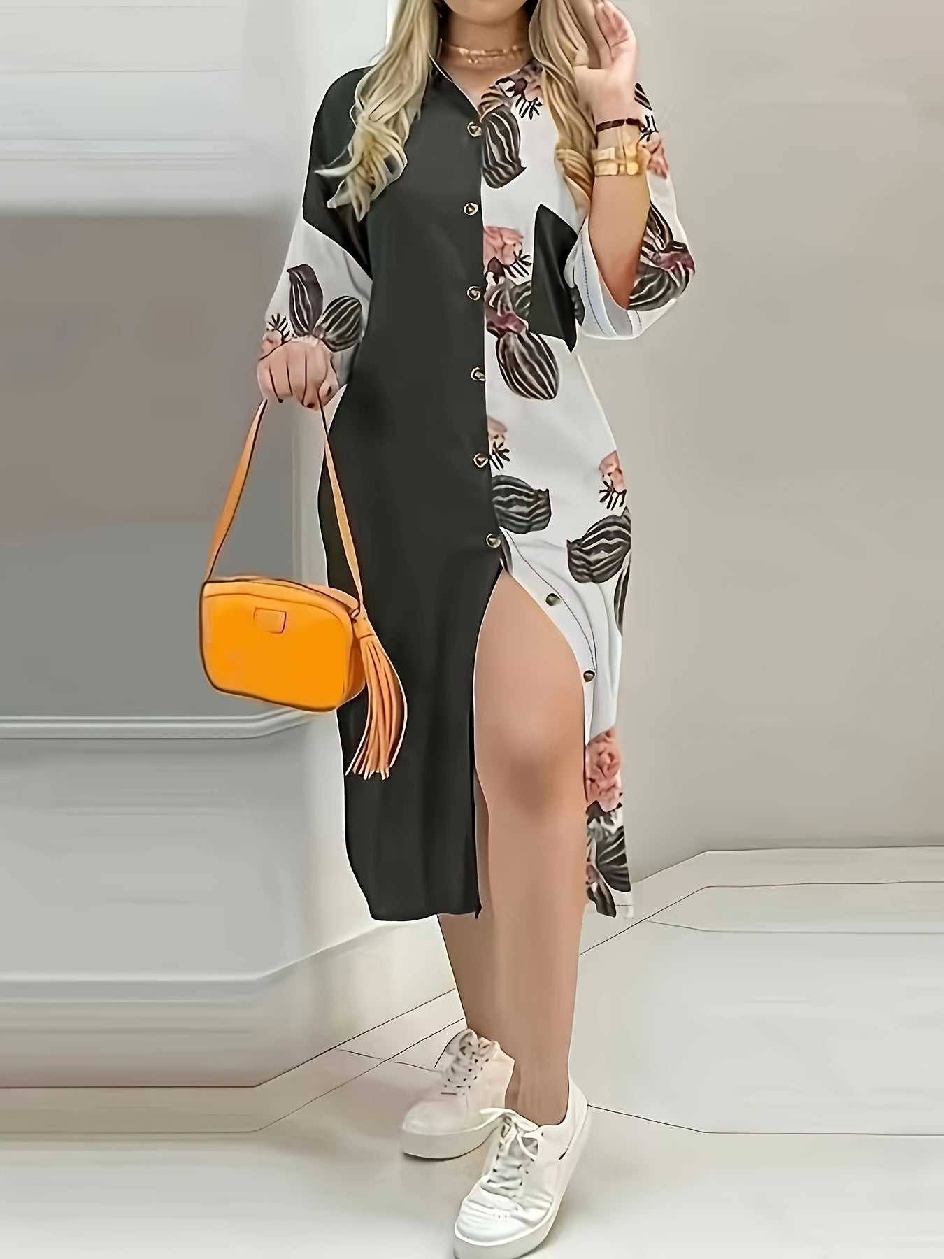 Graphic Print Splicing Dress, Casual Button Front Long Sleeve Dress, Women's Clothing