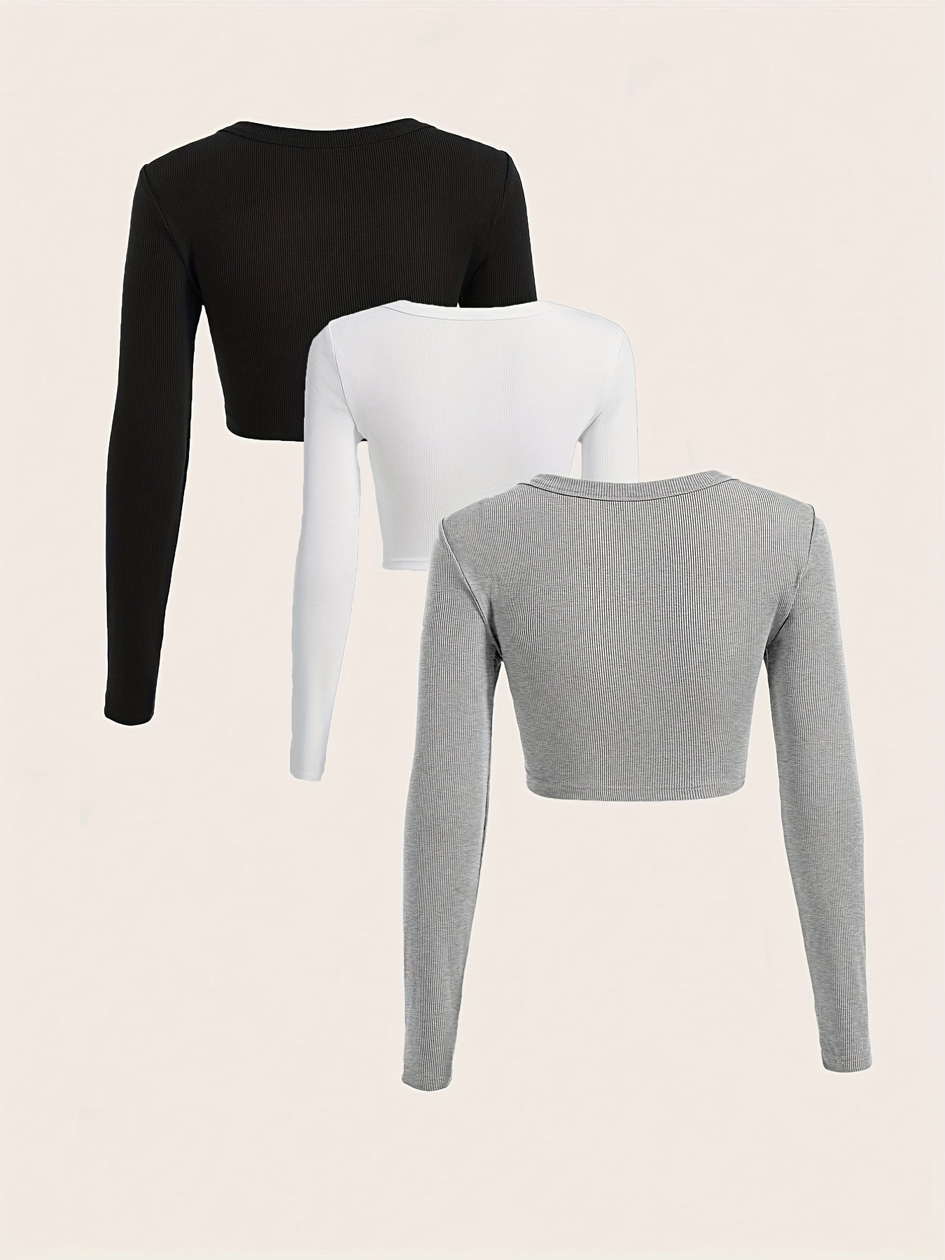 gbolsos 3 Packs Ribbed Square Neck Crop T-Shirts, Casual Long Sleeve Top For Spring & Fall, Women's Clothing