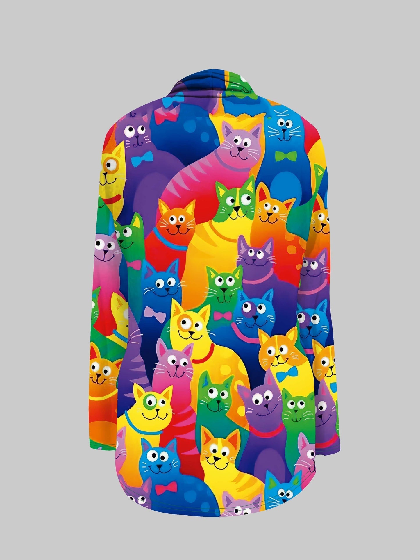 gbolsos Colorful Cat Print Open Front Cardigan, Casual Long Sleeve Cardigan For Spring & Fall, Women's Clothing