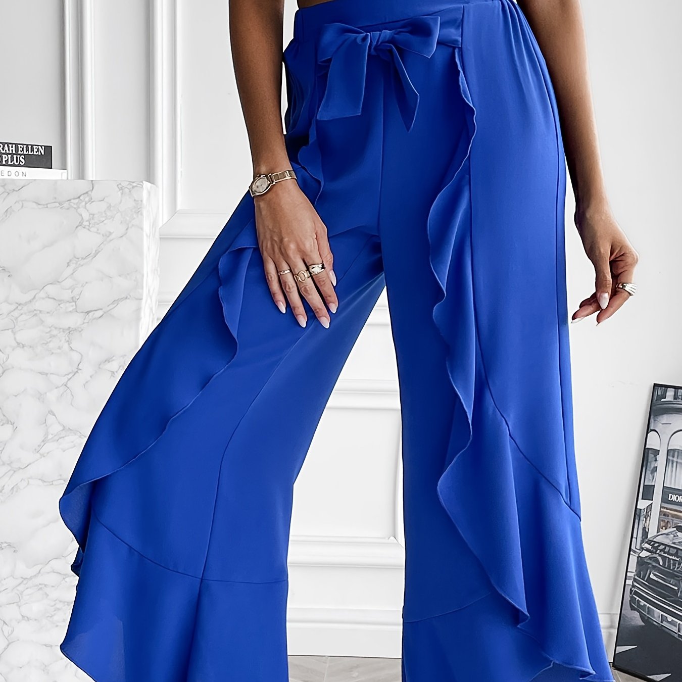 gbolsos Tie Front Irregular Ruffle Trim Pants, Casual Loose Pants For Spring & Fall, Women's Clothing