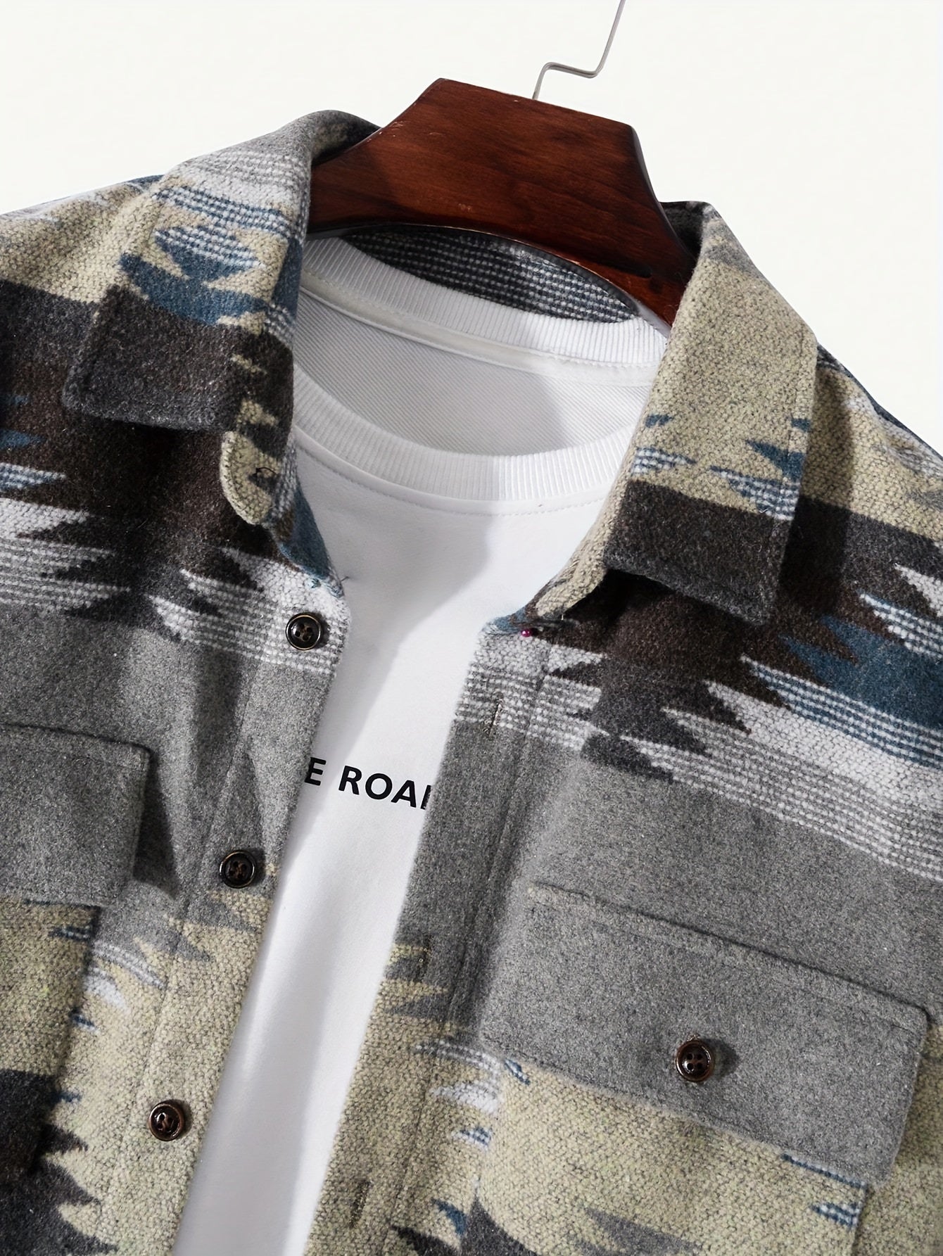 gbolsos Stylish Geometric Pattern Men's Woven Long Sleeve Button Down Shirt Jacket With Pockets, Men's Fall Winter All-match Outwear